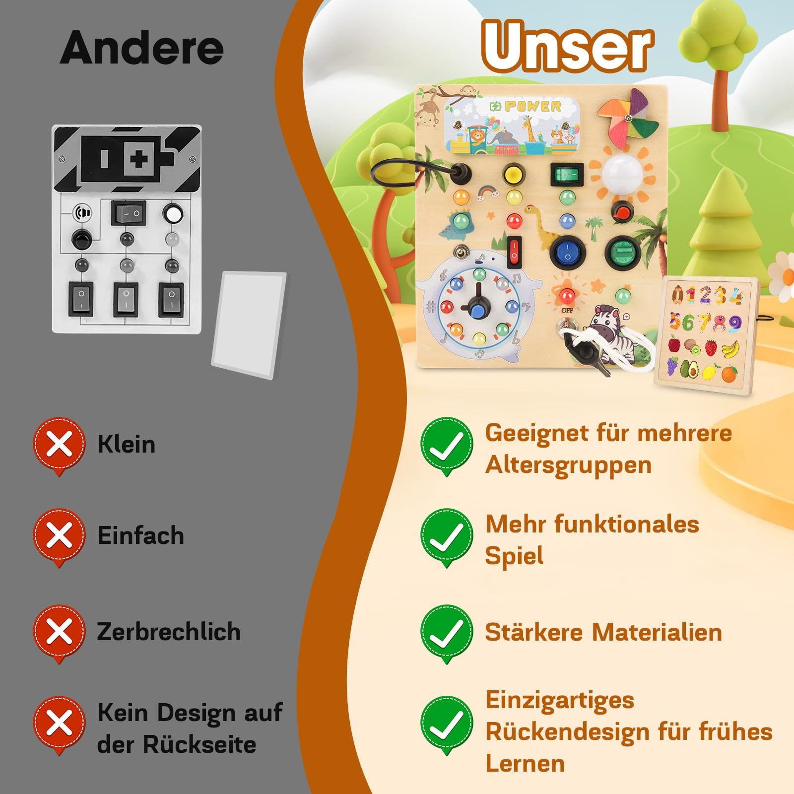 MILFECH Montessori Spielzeug Busy Board, Aktivitätsbrett Holzspielzeug mit 10 Schaltern und 17 LED-Lichtern Sensorik Spielzeug Motorikspielzeug für Babys Kinder ab 1 2 3 Jahr(Massivholz)