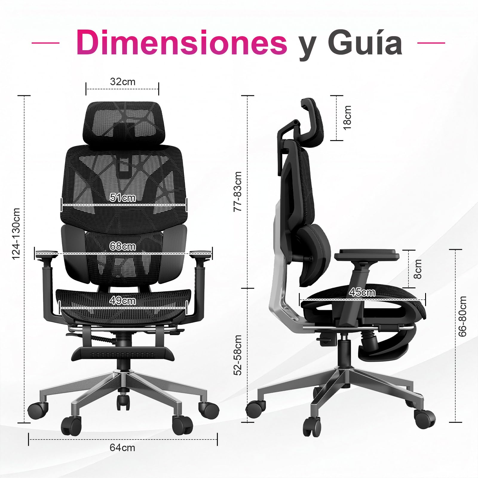 Silla Ergonómica de Oficina con Soporte Lumbar de 3 Zonas y Reposapiés, Reposabrazos Ajustables y Reposacabezas, Silla de Malla Reclinable para Oficina en Casa, Estudio y Gaming, Negro