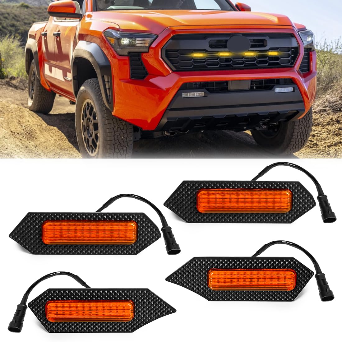 AFOGGEST Amber LED Grille Lights For Tacoma TRD Sport 2024 2025, 4Pcs Front Grill Light Kit with Wire Harness And Fuse