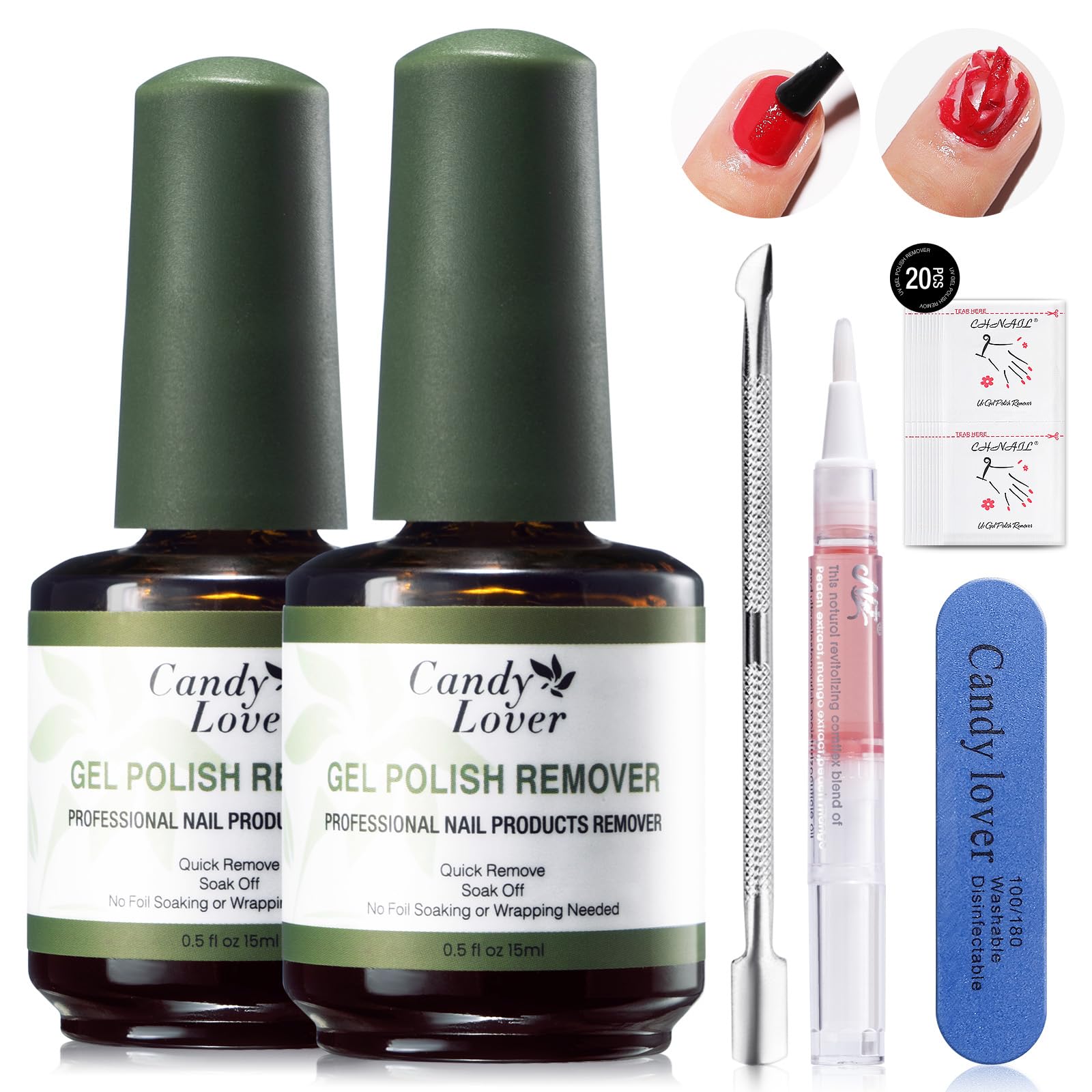 Candy Lover Gel Nail Polish Remover Kit - 2 Pack Professional Gel Polish Remover for Nails with Cuticle Pusher & Cuticle Oil and Nail File, Gel Remover for Nails in 3-5 Minutes, Doesn't Hurt Nails