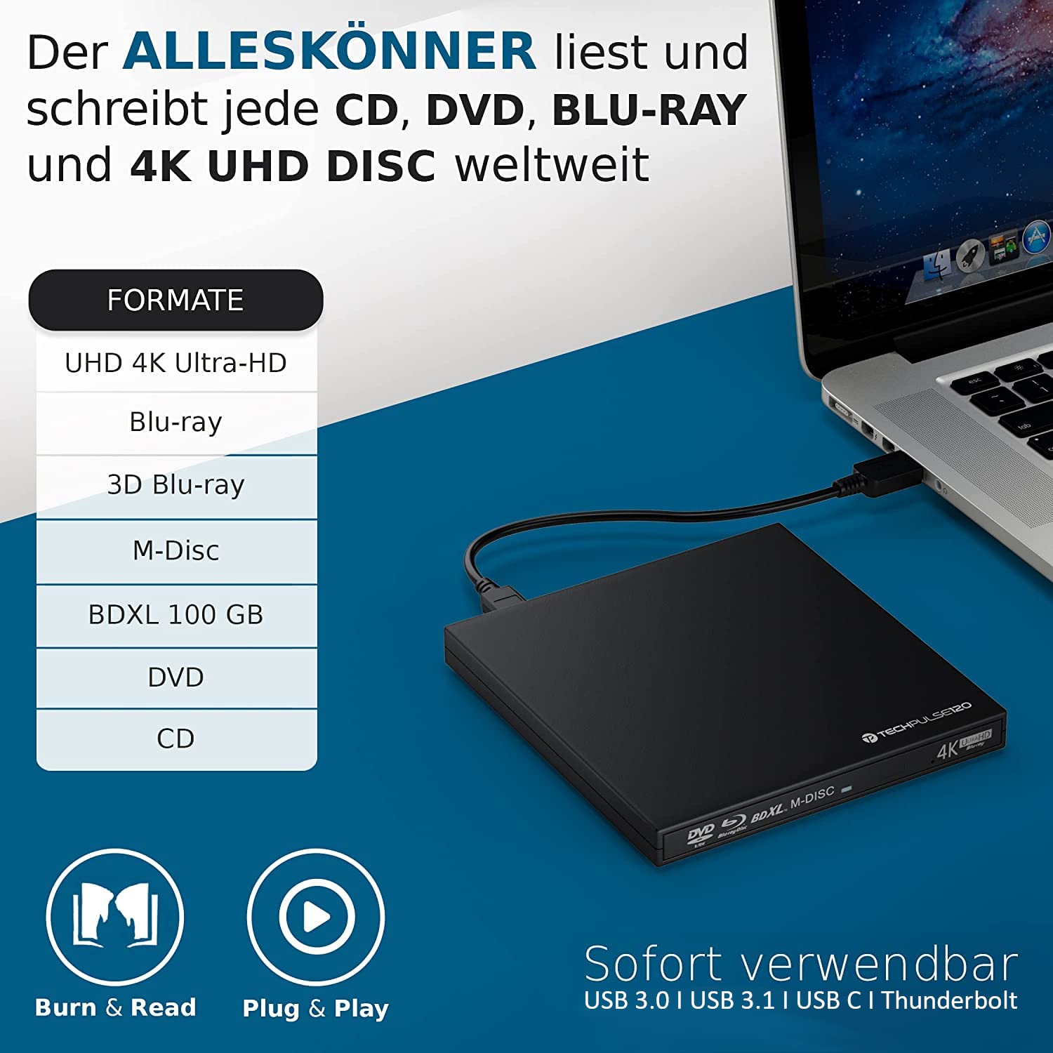 techPulse USB 3.0 USB-C UHD 4K USB-C 3D BDXL Externa Unidad BLU-Ray Grabadora Lector Súper-Slim Escritor Portátil Quemador BD DVD CD ODD Superdrive ROM