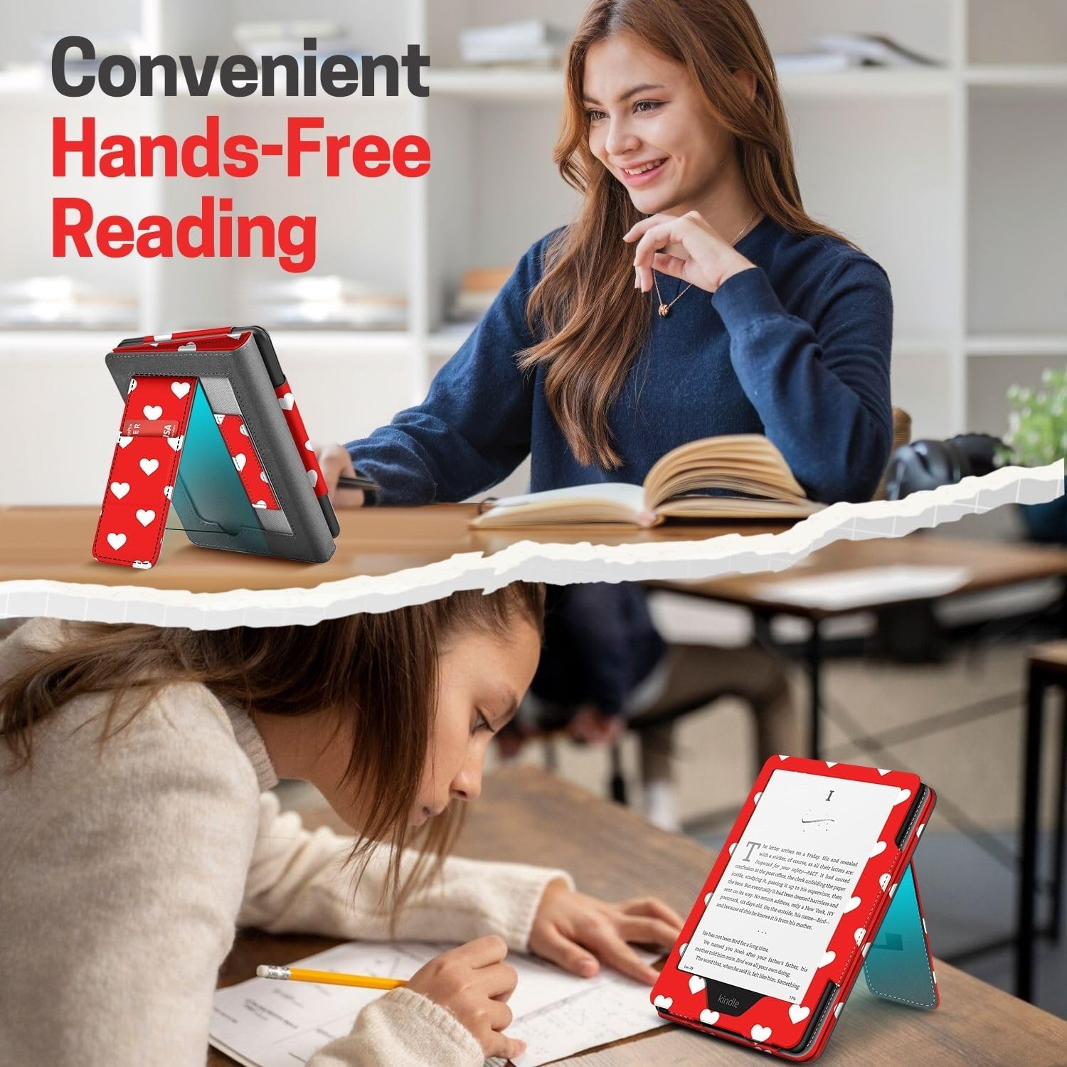 TNP Stand Case for Kindle Paperwhite 12th Generation 2024 / Kindle Colorsoft Signature Edition with Hand Strap & Card Slot - 7" PU Leather Protective Folio Cover with Auto Wake/Sleep, White Love Heart