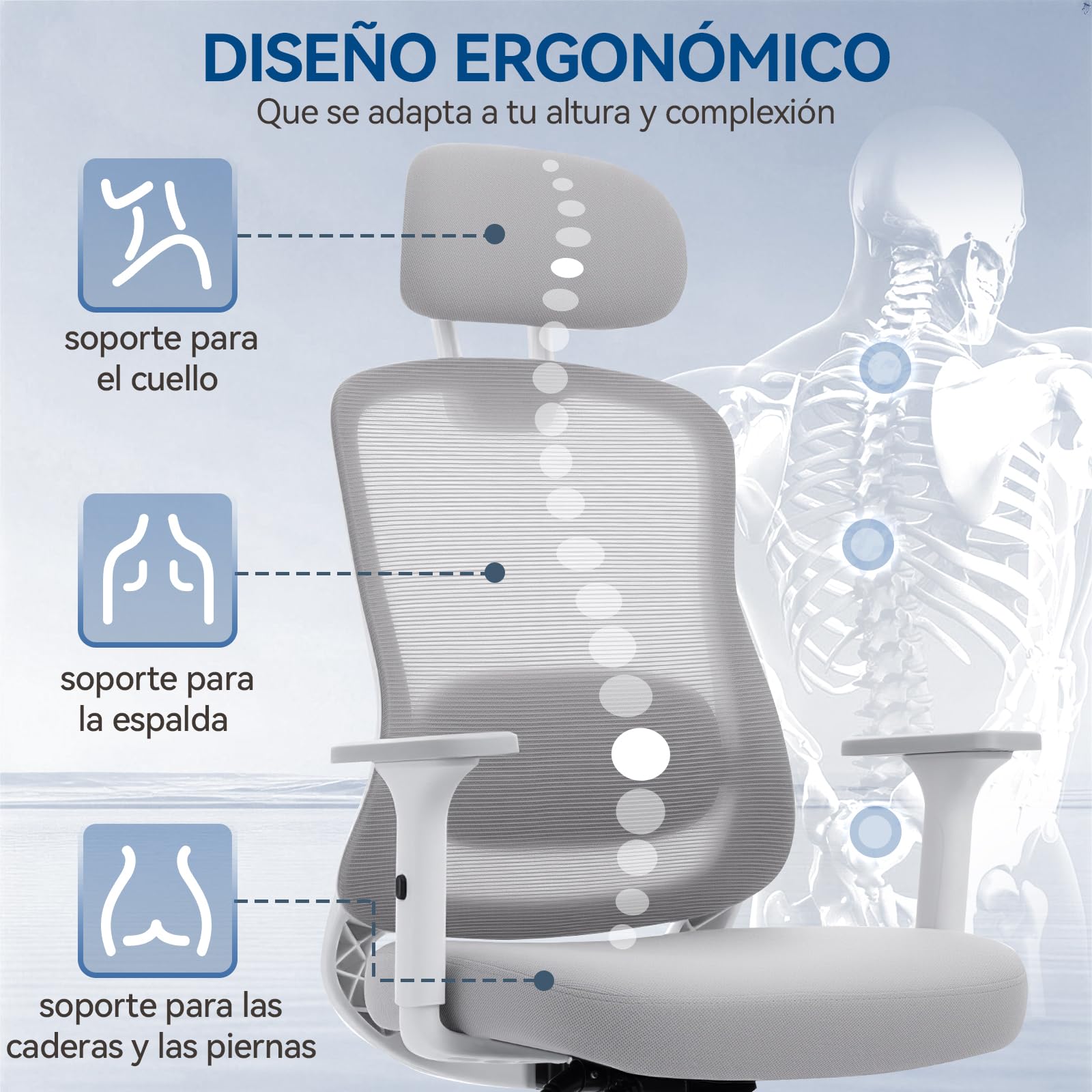 rattantree 150kg Silla Oficina Ergonómica Malla reposabrazos 3D | Respaldo reclinable con cabecero, altura regulable, ruedas silenciosas, apta teletrabajo y gaming, montaje sencillo, gris