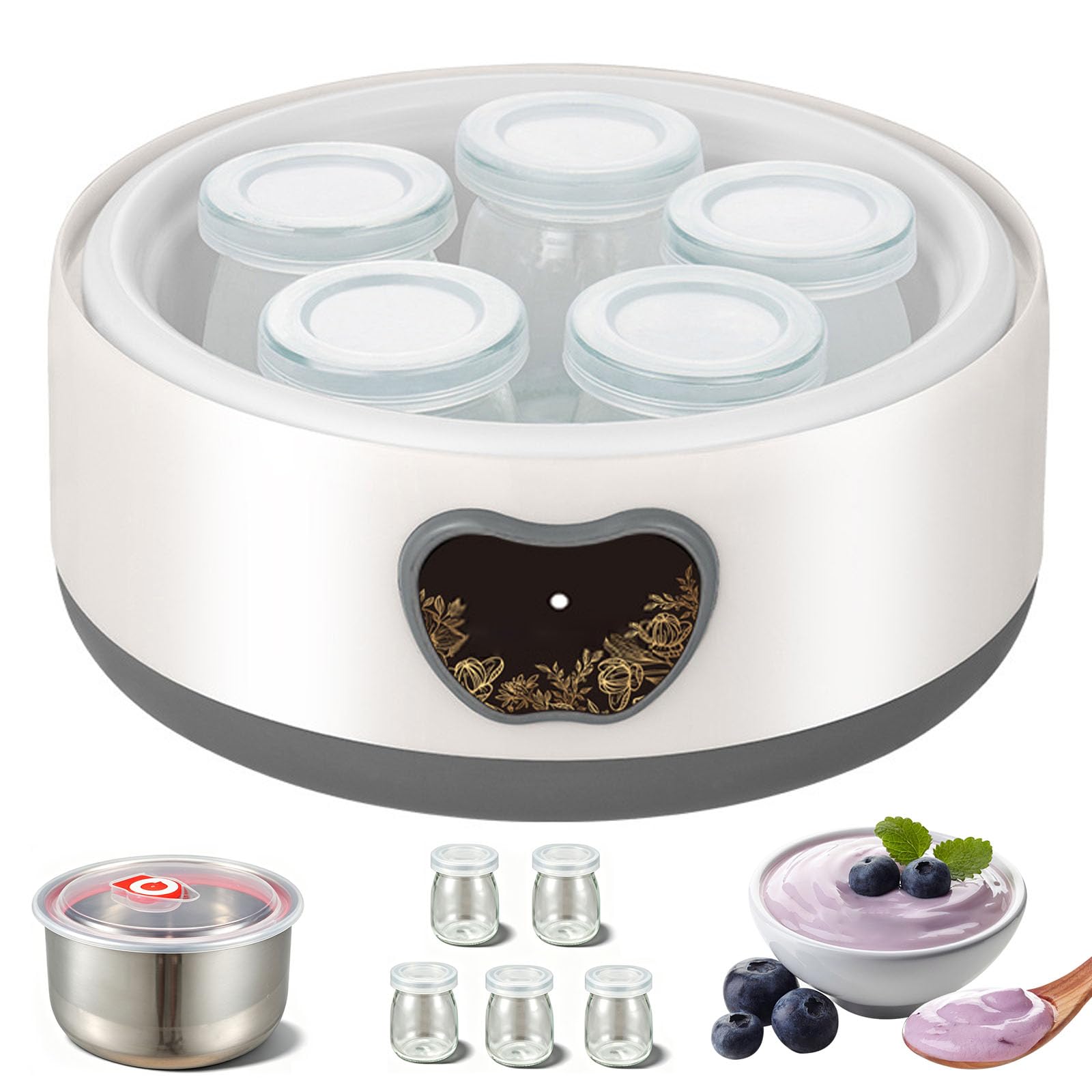 Yogurtera Automática de 1,2 L con 5 Vasos para Servir, Control de Temperatura y Temporizador Ajustable para Queso, Fruta, Vino, Hogar, Cocina, Desayuno, Merienda
