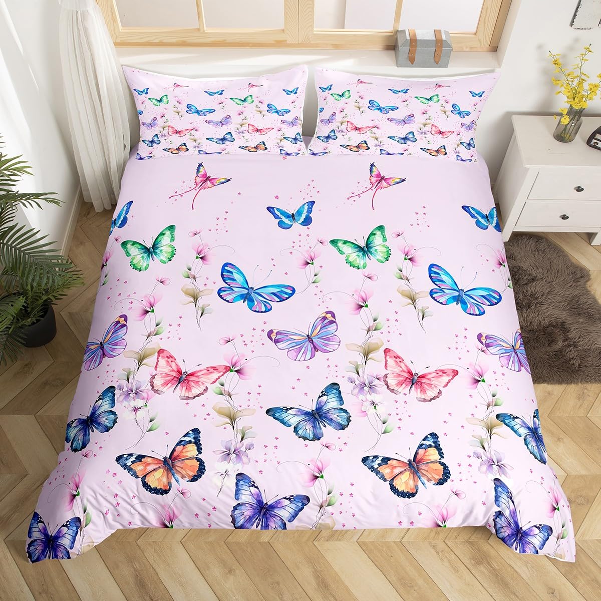 Homemissing Set di biancheria da letto per bambini con farfalle colorate e farfalle volanti, copripiumino per bambini, decorazione con animali, traspirante, collezione di biancheria da letto 2 pezzi,