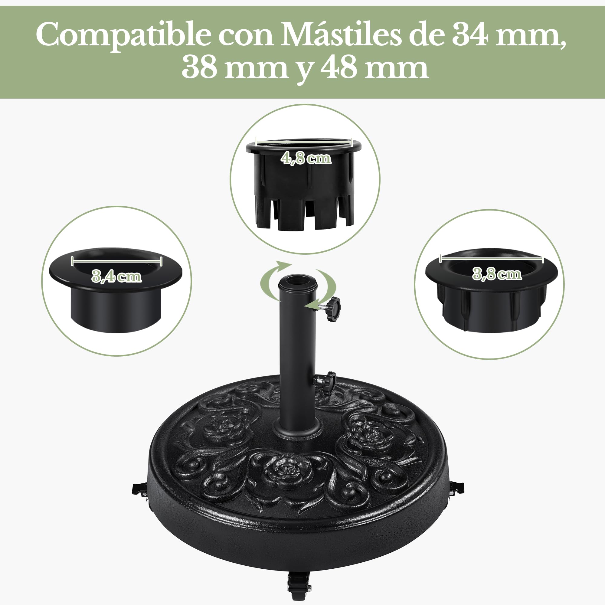 Yaheetech Base Redonda de Sombrilla con Ruedas Soporte para Parasol de 25 kg con Diseño Rústico Vintage de Rosas para Exteriores Playa Terraza (Negro)