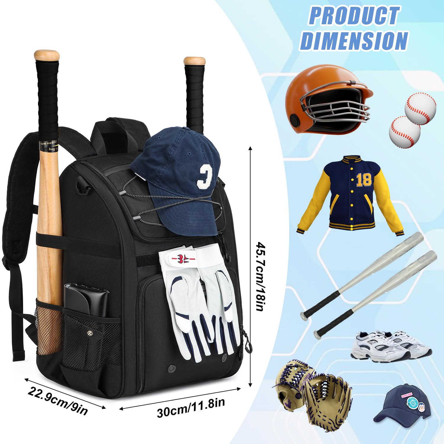 HAMBOLY Youth Baseball Bag, Softball Bag For Girls & Boys, Kids T-Ball