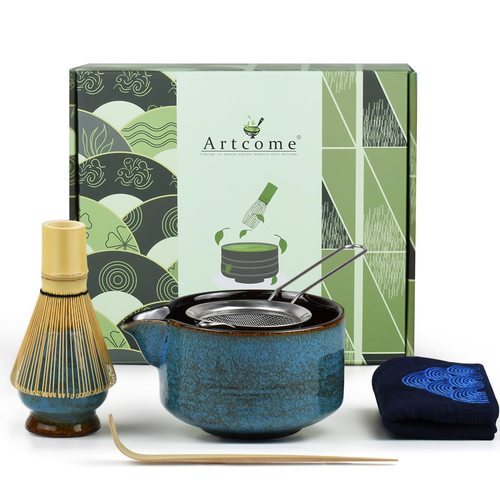 Artcome 7 Pcs Complete Matcha Ceremony Kit for Tea Ceremony, Bowl with Pouring Spout, Whisk, Tea Scoop, Matcha Powder Strainer, Matcha Tea Set For Making Usucha, Koicha and Matcha Latte (Sapphire)