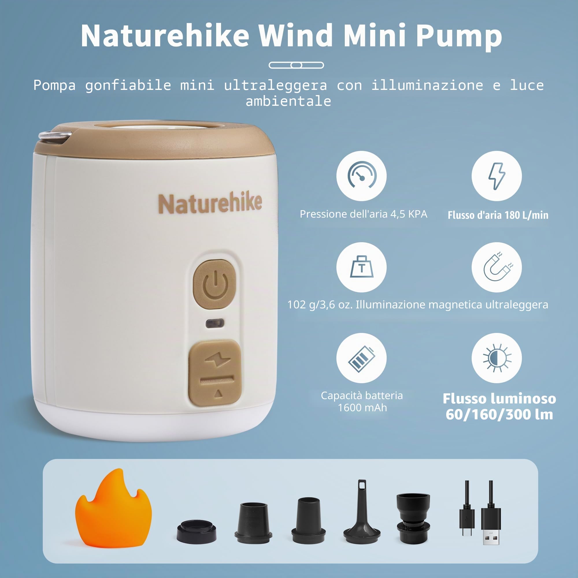 Naturehike Wind-Mini Pompa ad Aria USB-C Ricaricabile 1600 mAh - Portatile Elettrica per Campeggio Con Luce e 6 Ugelli