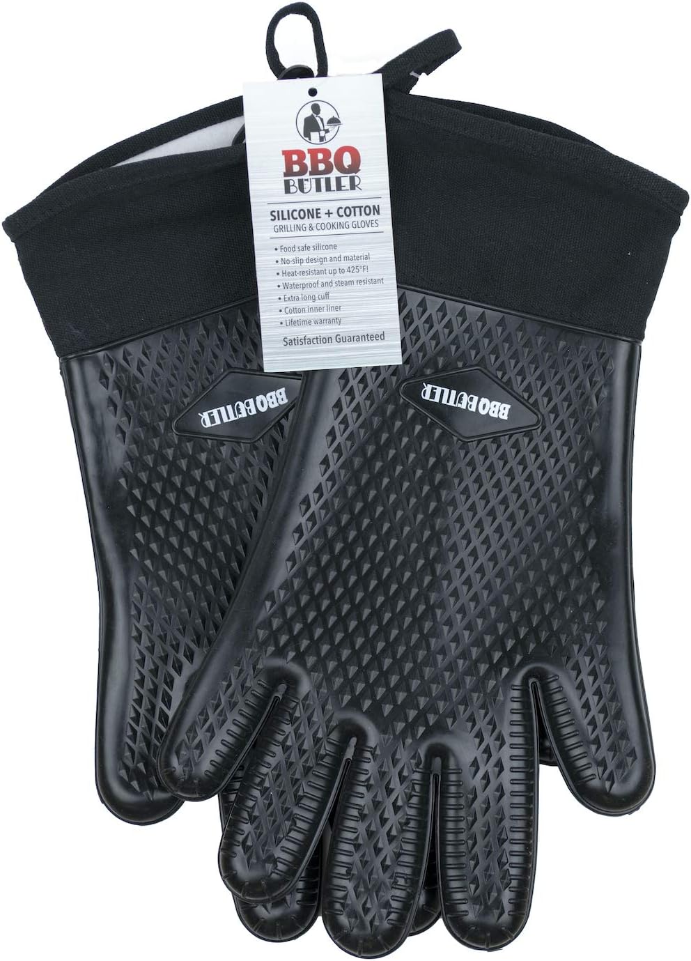 BBQ Butler Heat Resistant Oven Gloves - Silicone Oven Mitts - Heat Resistant Gloves - Baking Gloves - Grilling Gloves - Hot Mitts - Cotton-Lined for Comfort