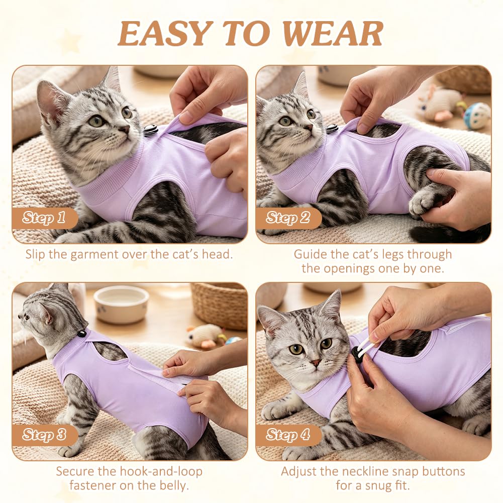 OFFCUP Combinaison de Récupération, 2 PCS Body Chat Post Operatoire, Gilet de Récupération de Chat Femelle Male, Protection Contre Le Léchage Convient Plaies Abdominales ou Maladies de Peau, Violet/S