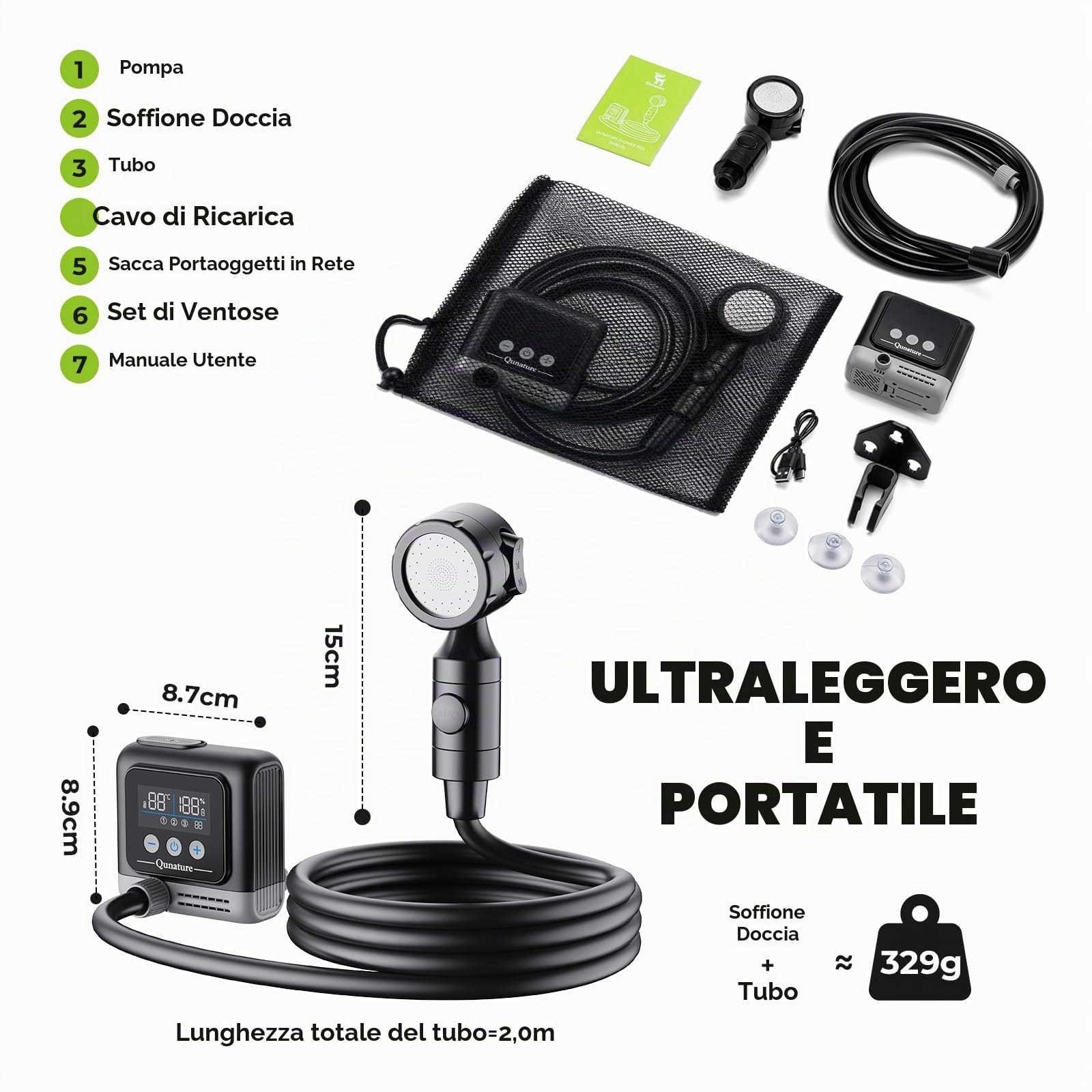 Doccia da Campeggio Portatile IPX8 con Display Digitale | Ricaricabile 8000mAh, 3 Modalità di Doccia, con Tubo da 2m e Soffione, per Viaggio Spiaggia Animali Domestici