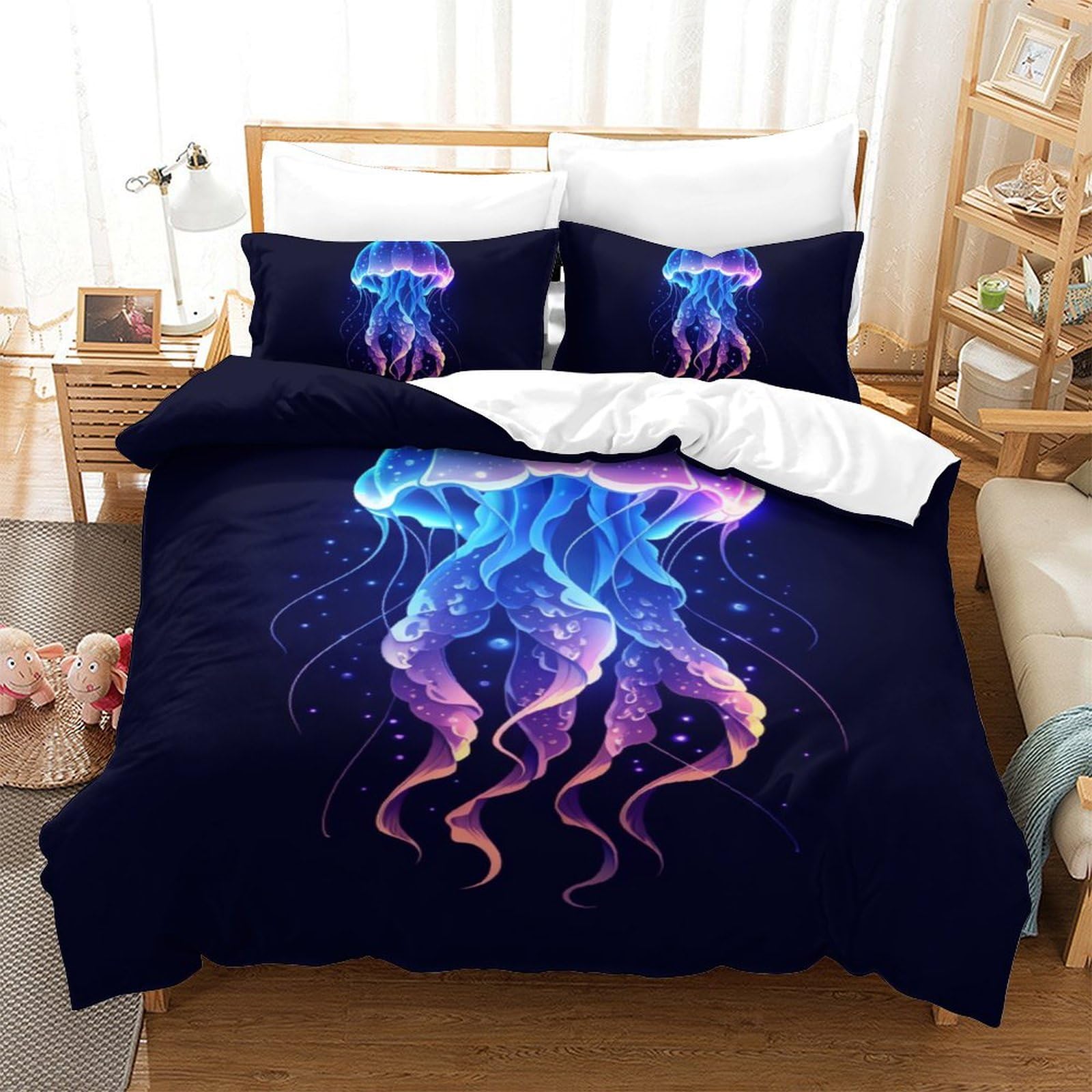 Housse de couette méduse 140x200 lit simple avec taie d'oreiller microfibre impression 3D art