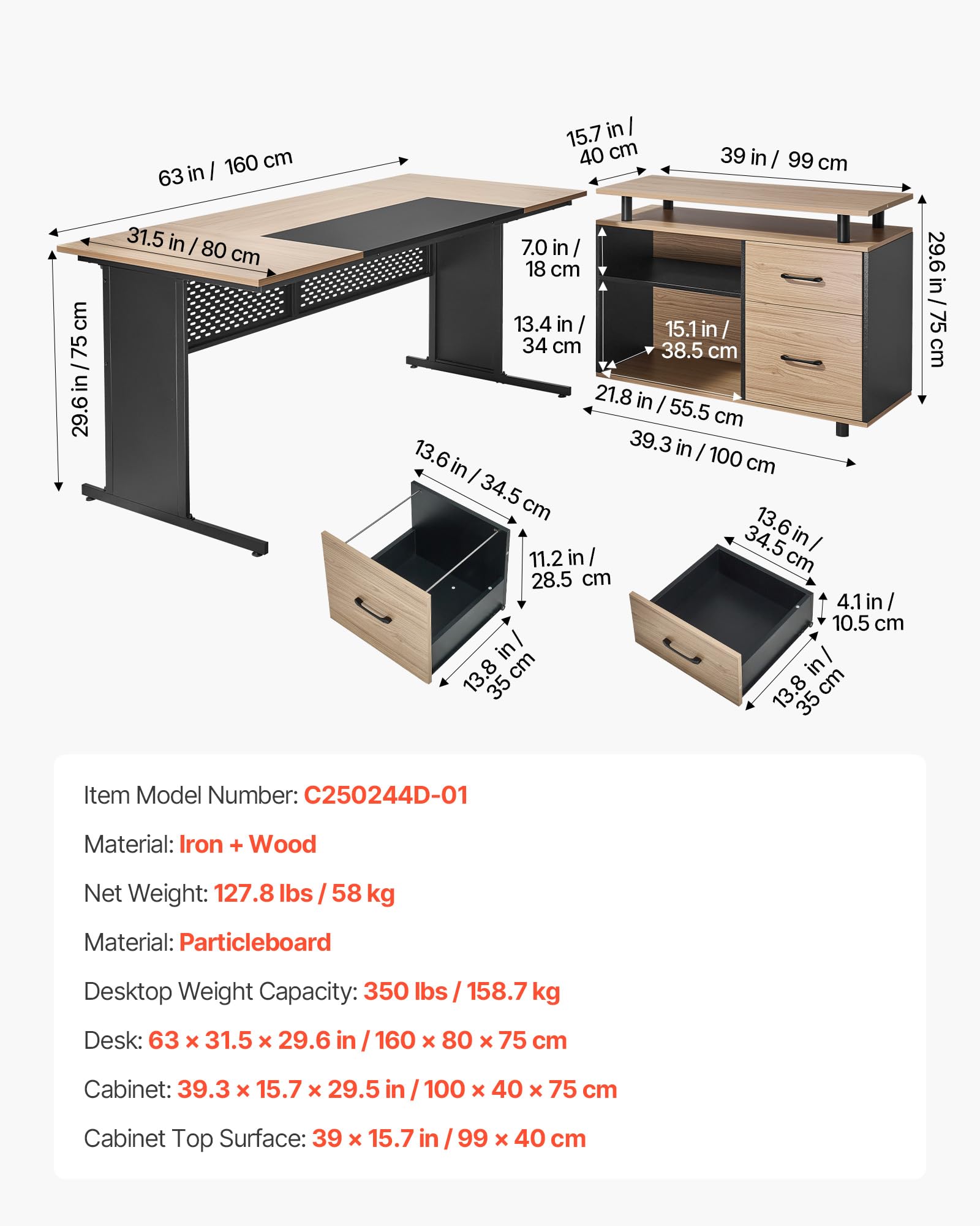 VEVOR Escritorio Ejecutivo Grande en Forma de L, con Cajones y Armario, Reversible, Fabricado en Hierro y Madera, Soporta hasta 158,7 kg, Ideal para Trabajar, Estudiar y Escribir, Madera y Negro