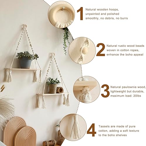 Miniatura 10 de Artilady Estante colgante de pared de macramé, paquete de 2 estantes de madera, decoración bohemia con borlas y cuentas de madera, estantes