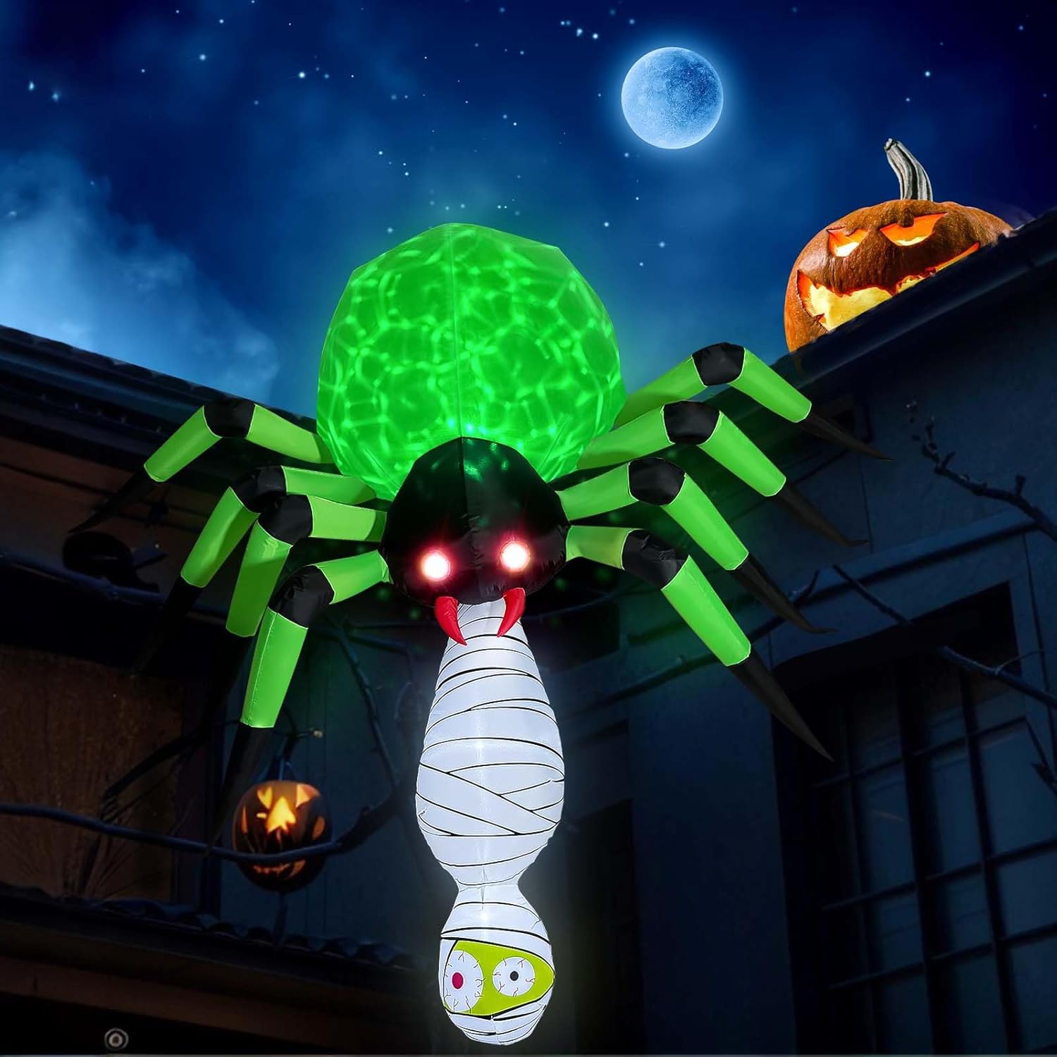 OurWarm 7FT Halloween Inflatables Spider Outdoor Decorations, Giant Blow Up Yard Decorations with Mummy and Green LED Lights, Inflatable Halloween Decor for Indoor Outdoor Garden Lawn Haunted House