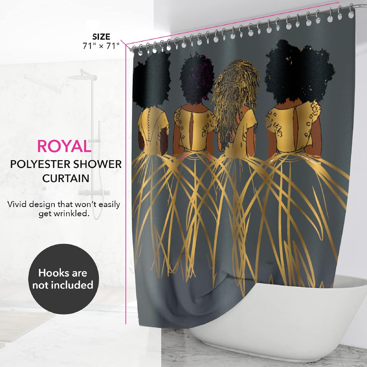 Pardon My Fro Royal Shower Curtain - 100% Polyester Fabric with Chic Print, Waterproof, Elegant Décor, One-Side Print, Stylish Bathroom Curtain for Bathtub, Hooks are not Included - Grey, 71" x 71"