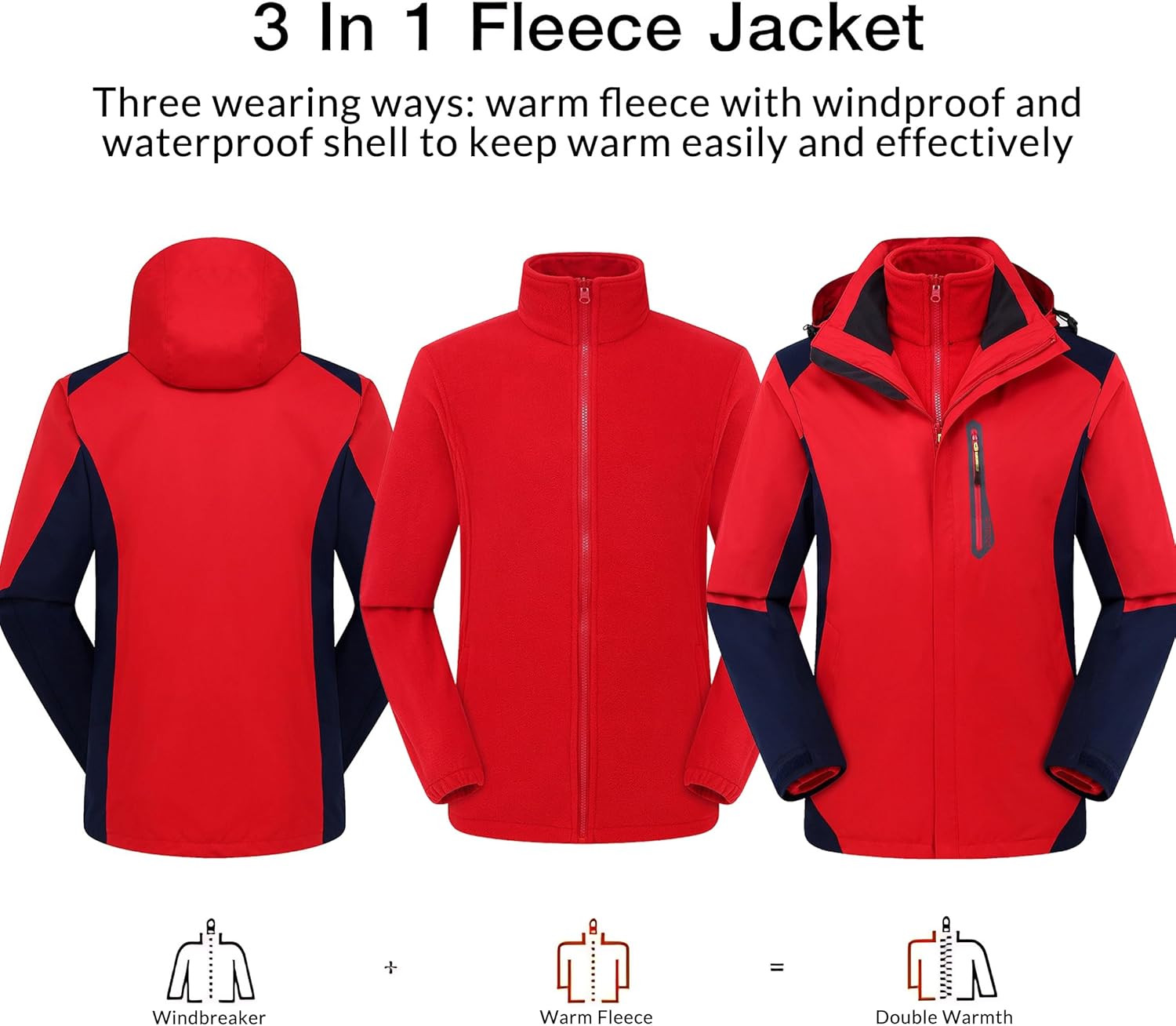 Men's Custom 3 in 1 Ski Jacket, Waterproof Windproof Winter Snow Coat with Removable Warm Fleece Liner Hooded