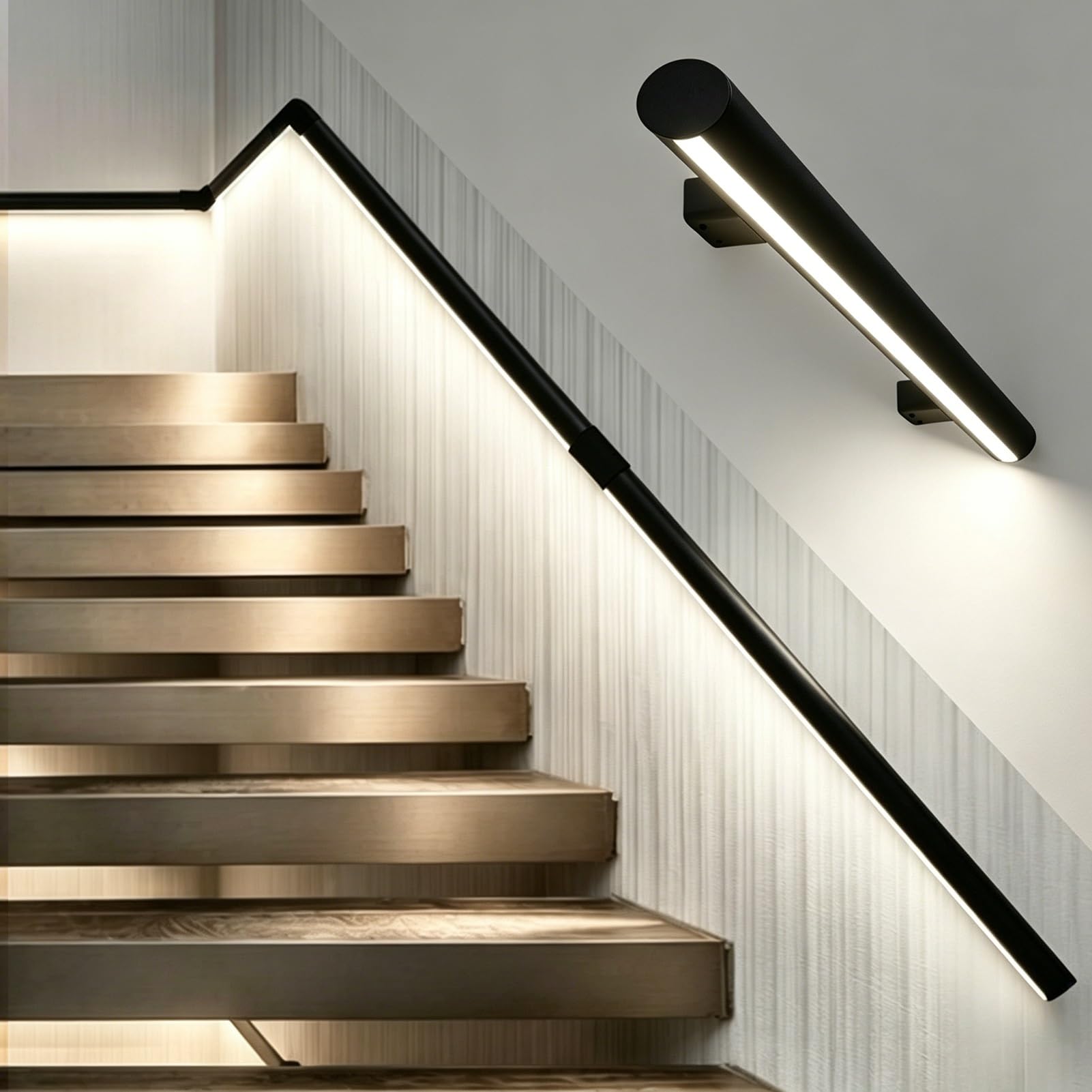 Motion Activated Illuminated Stair Handrail for Loft Porch, Heavy Duty LED Lighting Staircase Rails, Safe Night Walking Aluminum Support Bar(Right White Light,2.3ft/0.7m)