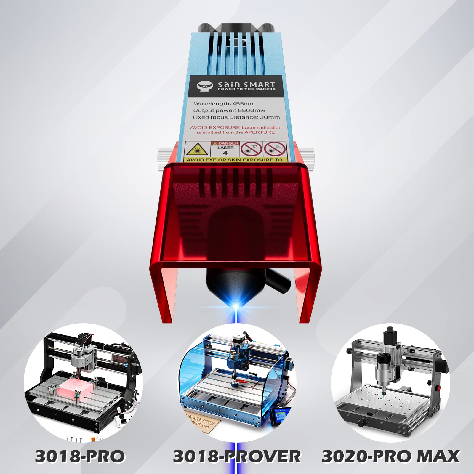 Module laser Genmitsu CFL55P 5,5 W FAC avec buse à assistance pneumatique et spot laser de 0,1 mm pour machines CNC 3018-PRO, 3018-PROVer, 3018-PROVer V2 et 3020-PRO MAX