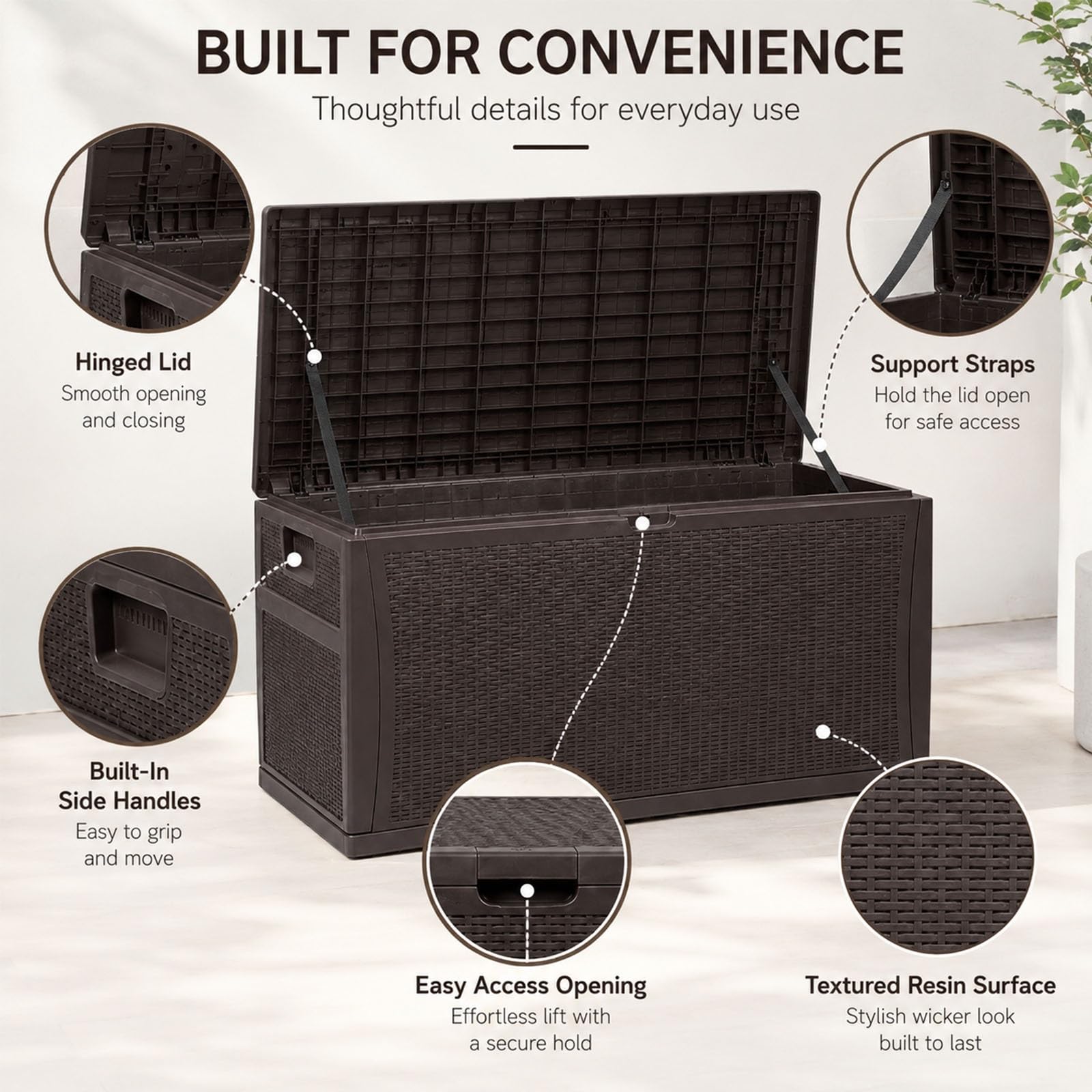 Generico Grande Box Contenitore Da Esterno Effetto Rattan Con Maniglie | Baule da esterno in resina da 100 galloni, impermeabile e richiudibile, per cuscini e attrezzi da giardino