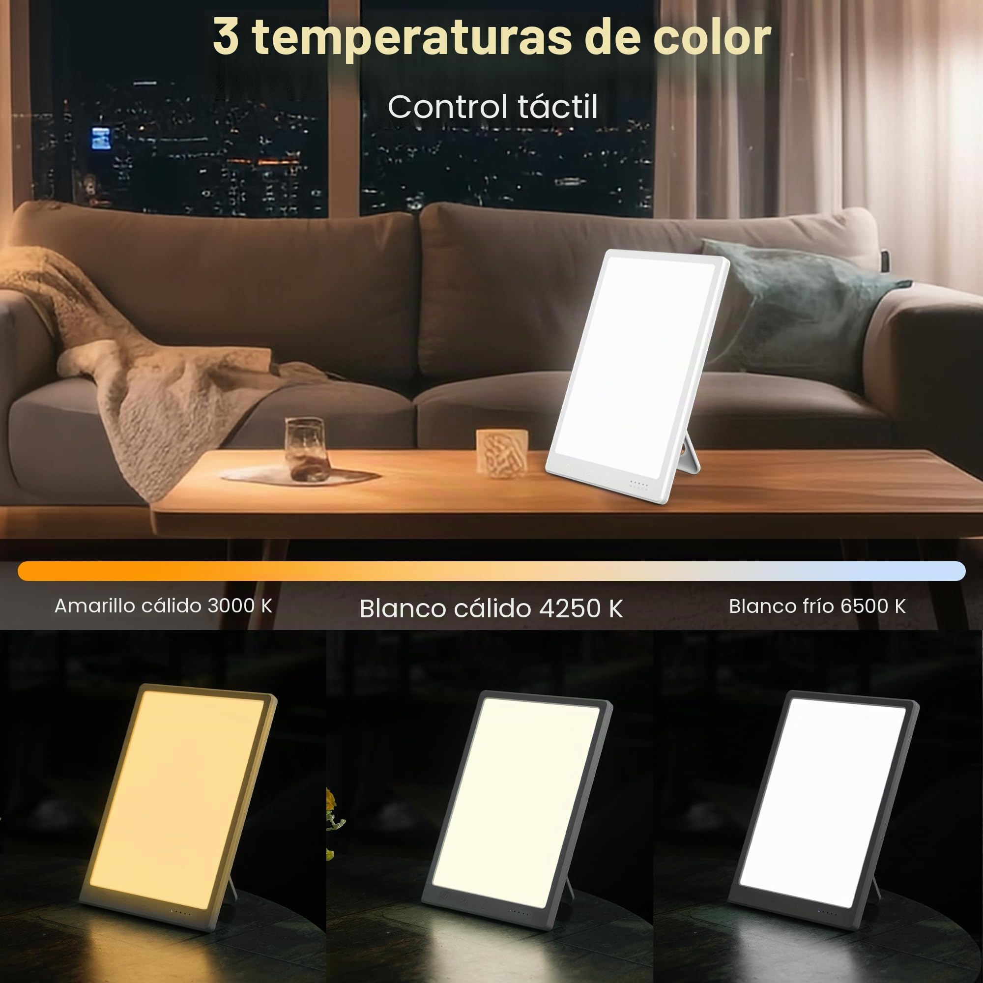 Bravmate lámpara diurna 10000 Lux, control táctil lámpara solar sin UV con 3 temperaturas de color, luz del día con soporte ajustable de 45 ° para el lugar de trabajo o el hogar
