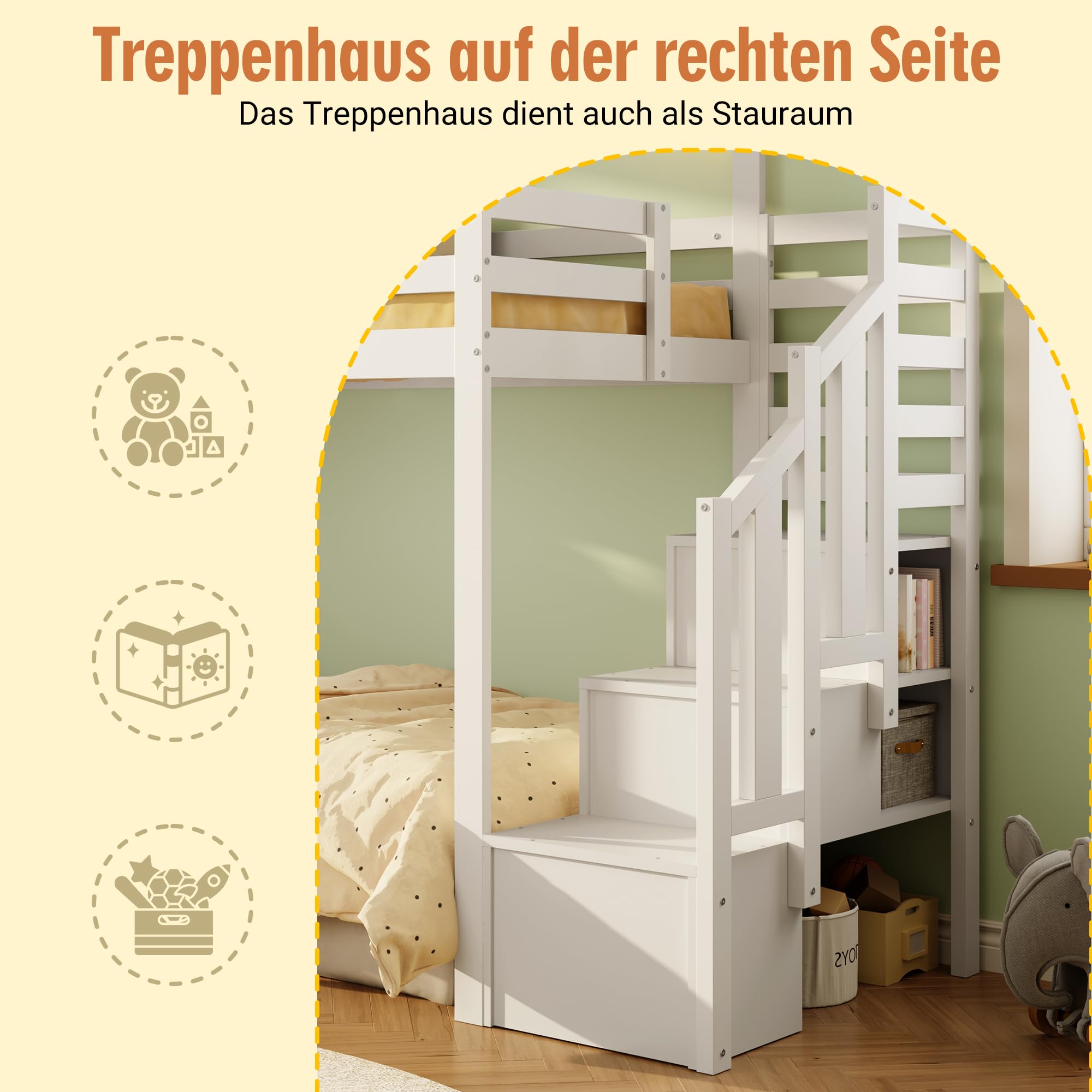 Su & Chan Legence Hochbett 90x200 cm mit Stauraumtreppe, Hausbett Design mit Fenster für Kinder, Etagenbett mit Lattenrost und Rausfallschutz, ohne Matratze, Massivholz, Weiß
