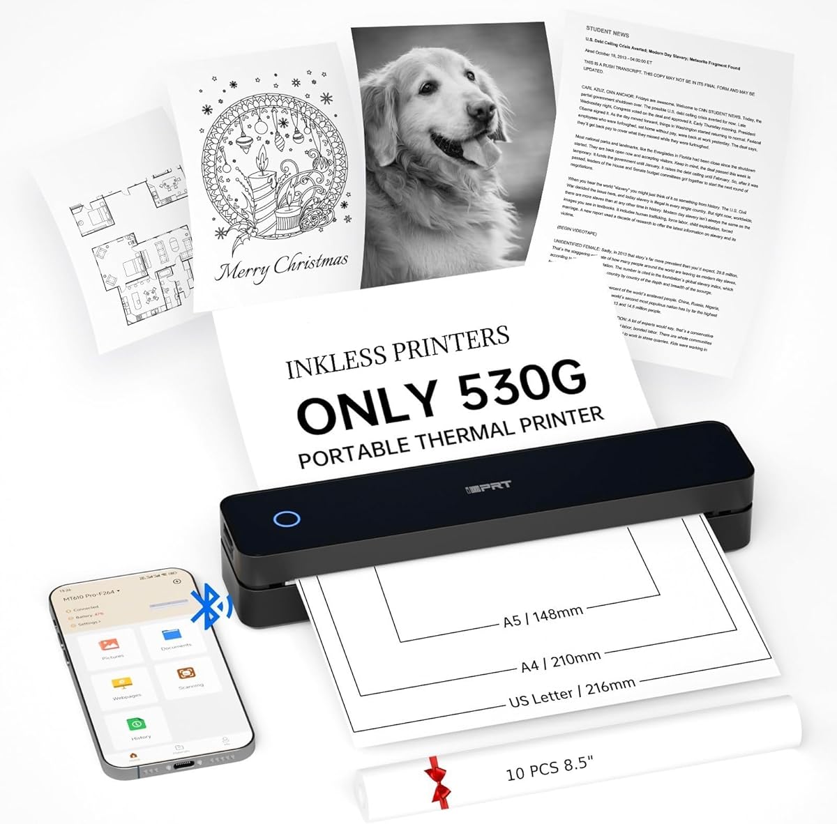 iDPRT Portable Printer Wireless for Travel, Inkless Bluetooth Thermal Printers for Home,Office,Vehicles203DPI,Supports 8.5" x 11" US Letter&A4 A5 Size,Compatible with Android and iOS Phones&PC : Office Products