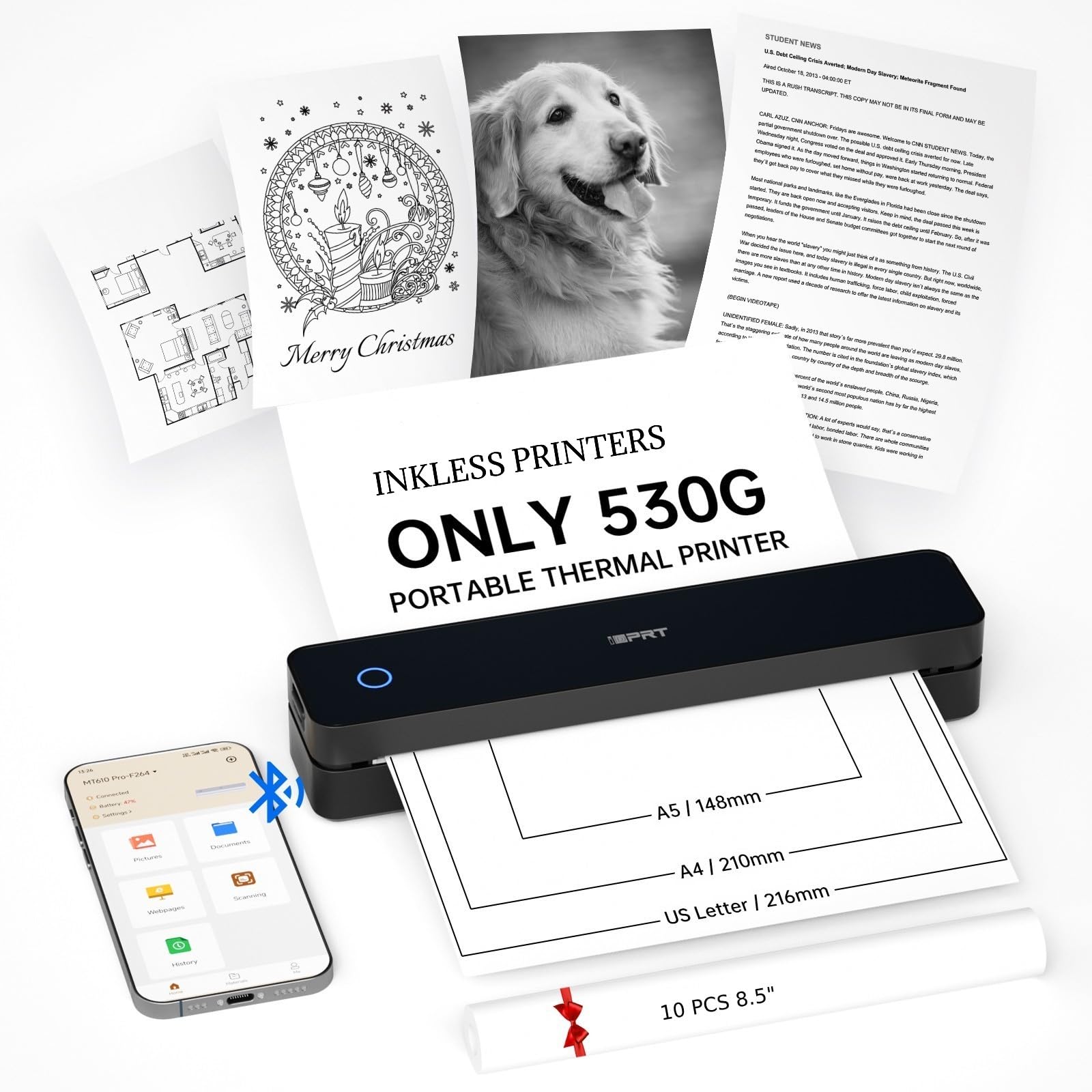 iDPRT Portable Printer Wireless for Travel, Inkless Bluetooth Thermal Printers for Home,Office,Vehicles,Supports 8.5" x 11" US Letter&A4 A5 Size,