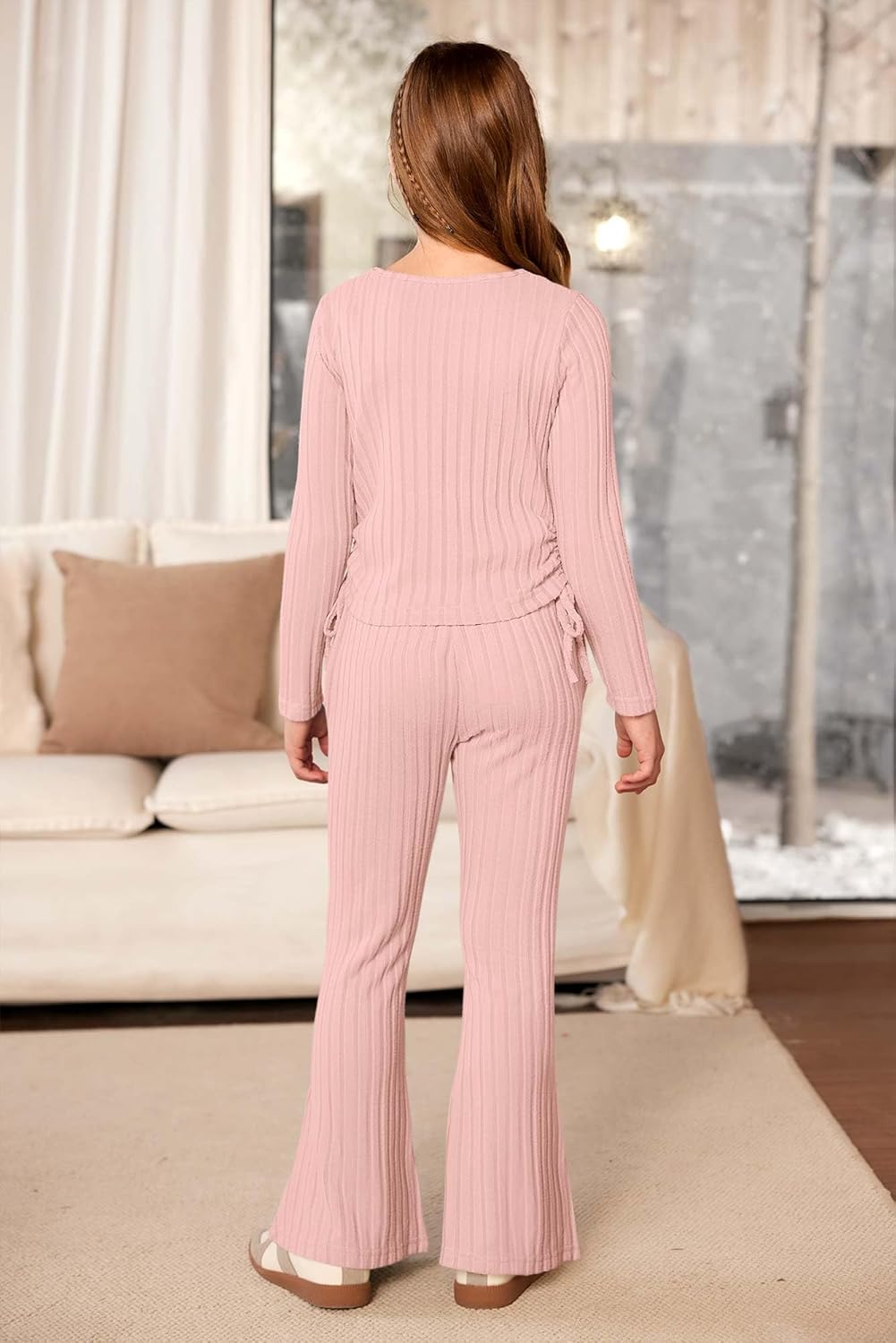 Girls Fall 2 Piece Outfits Ruched Long Sleeve Tops & Cozy Rib-Knit Flared Pants With Side Pockets 3-12 Years - Image 6