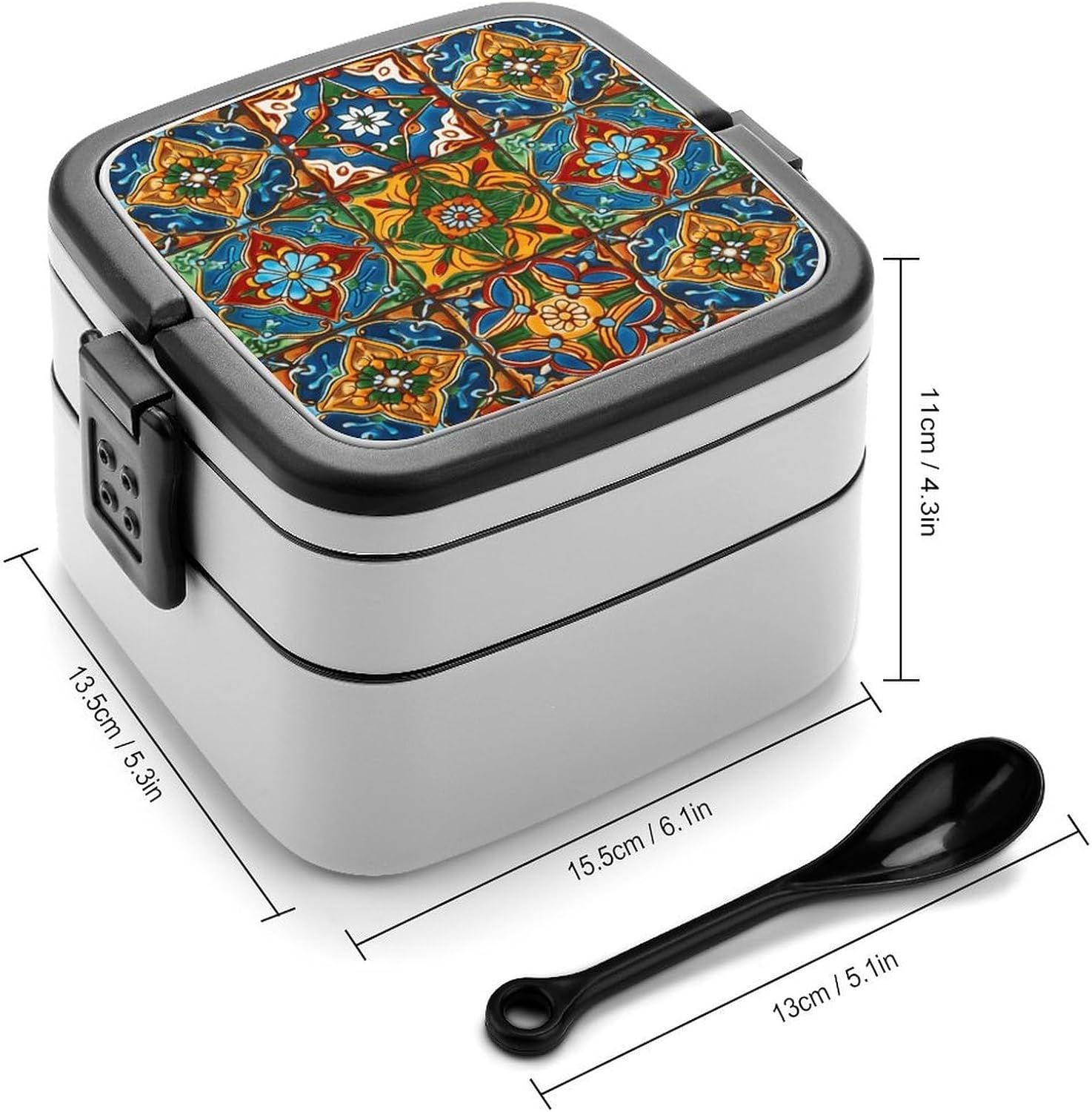 Mexican Ceramic Tile Lunch Box for Adults, Double Layer Stackable Bento Box with Spoon, Divider & Handle, Leak-Proof Lunch Containers for Office, Picnic, Camping