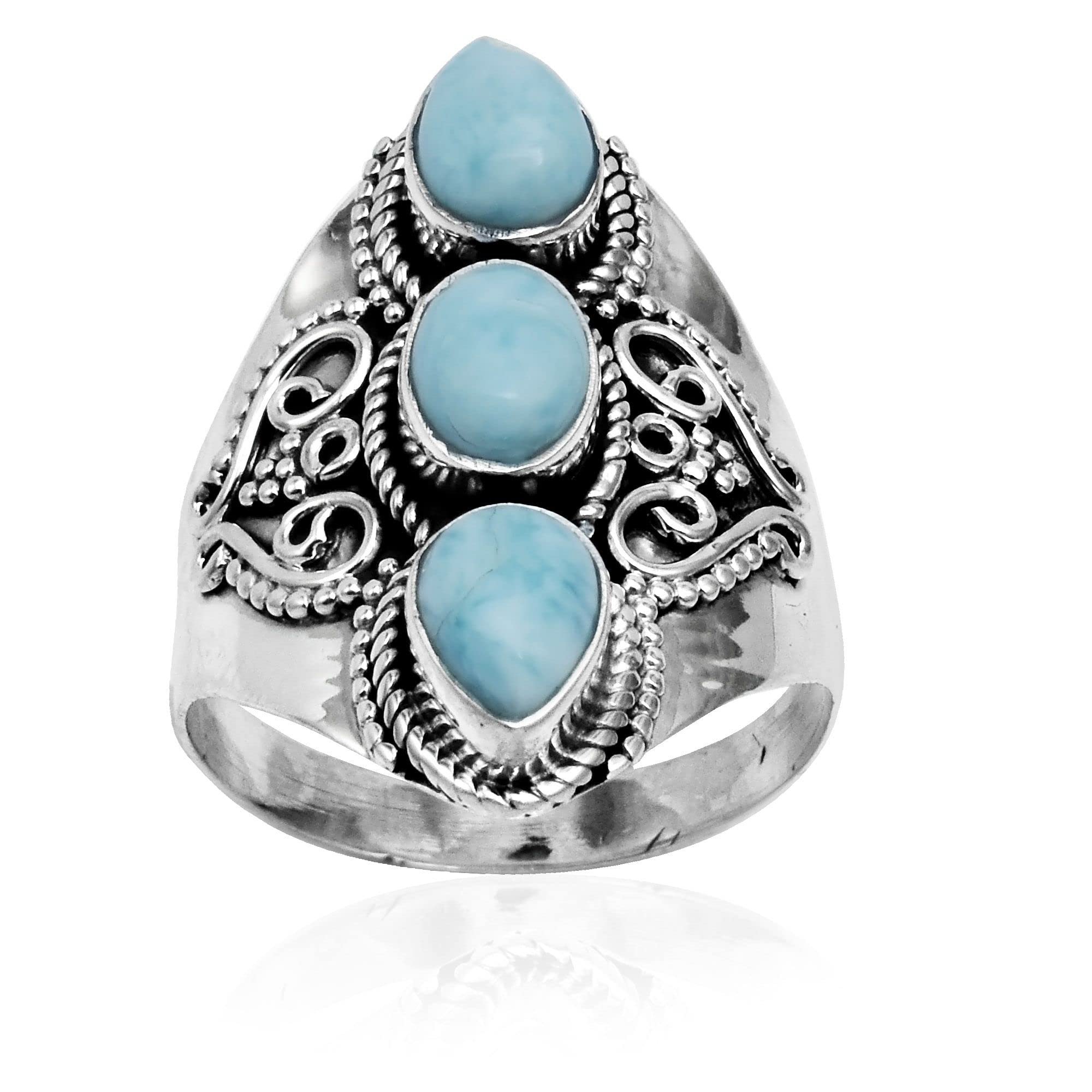 Anillo de plata de ley 925 con tres piedras de larimar natural para mujeres y niñas