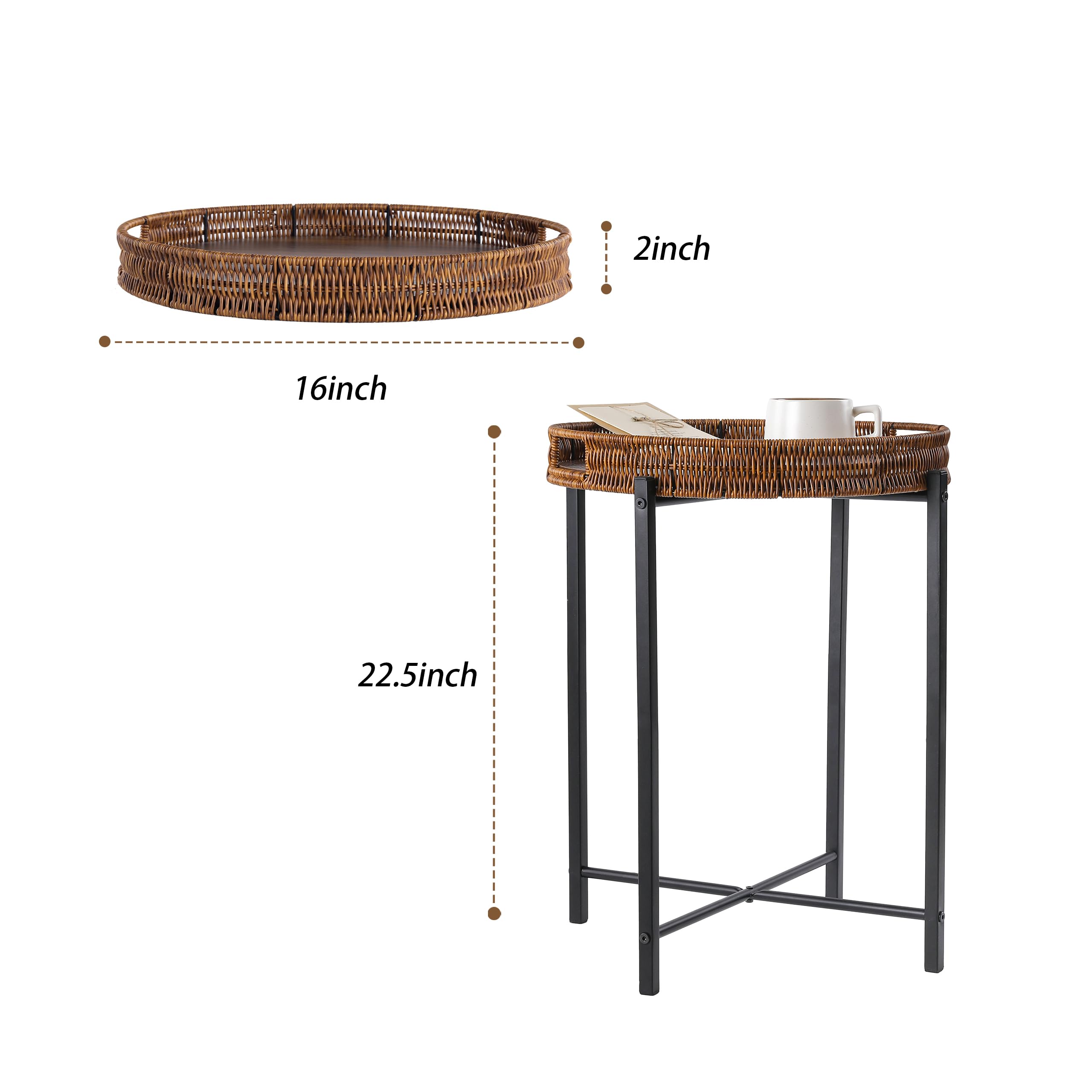 Mesa auxiliar redonda de ratán de 16.5 pulgadas con parte superior de madera, mesa auxiliar de mimbre pequeña, uso en interiores y exteriores 3