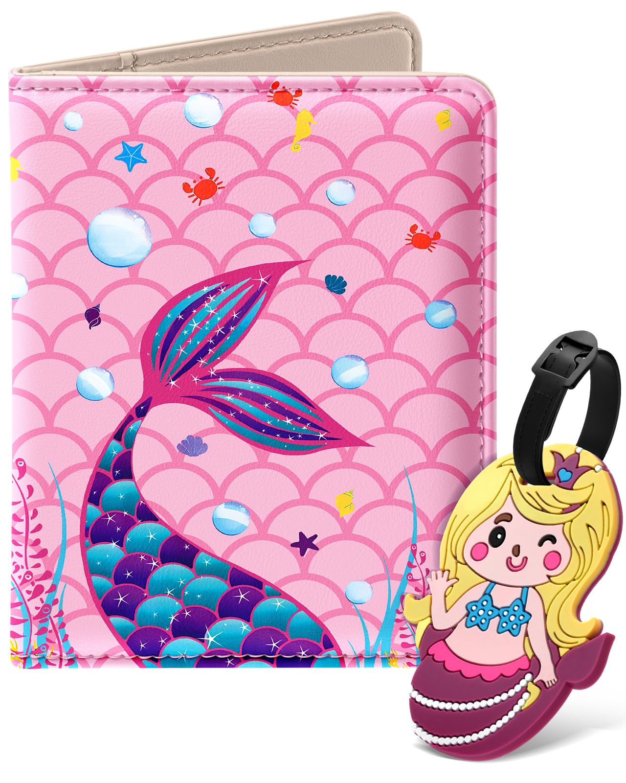 Slohif Kids Passport Holder Lugguage Tag Set Suitcase Cover Wallet Case for Travel Girls Women - Cute Leather Passport Book Personalized Organizer