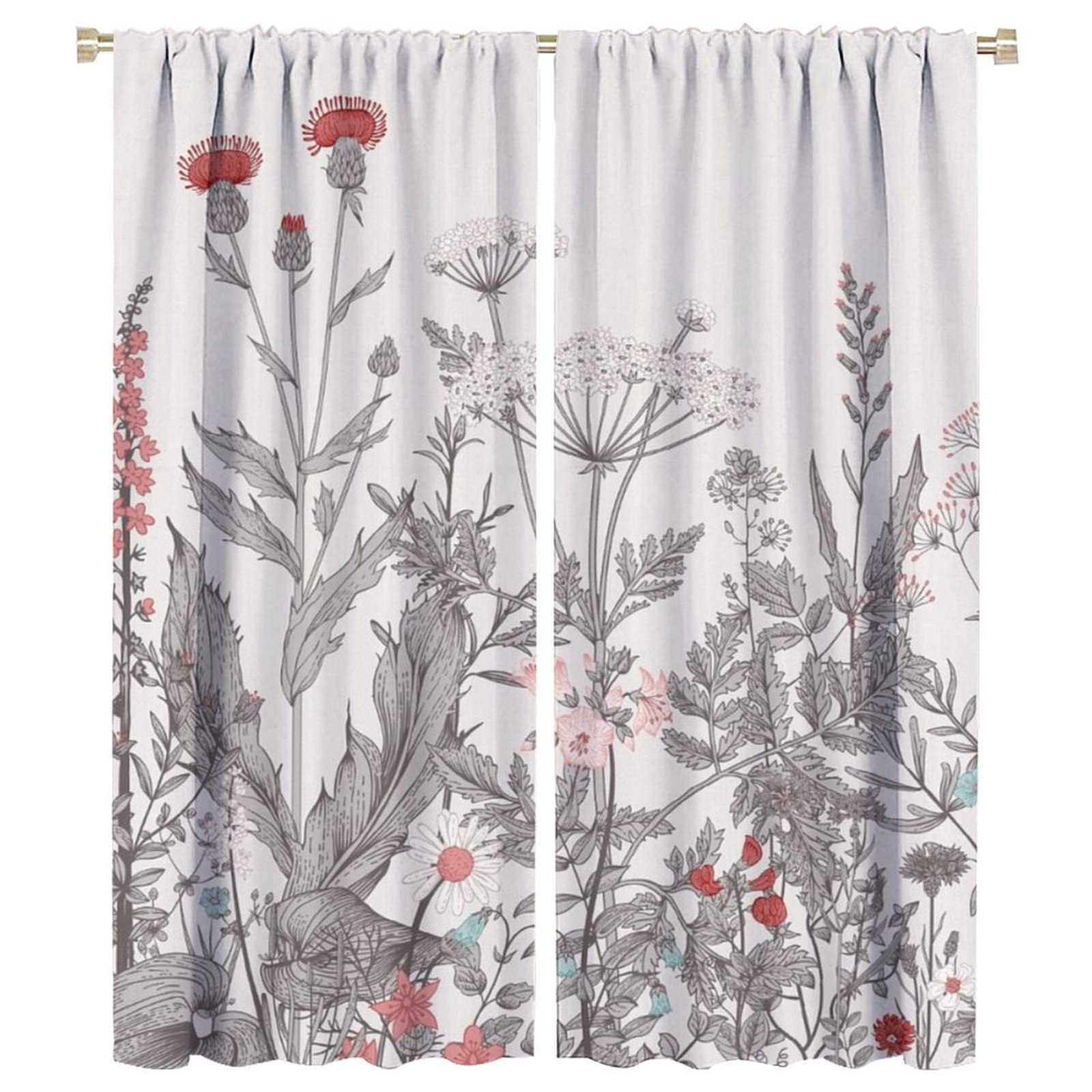 Rustic Flower Curtains Green Leaf Vintage Floral Colorful Plant Herbs Women Wildflower Blossom Botan for Home Kitchen Restaurant Decoration Window Curtain 2 Panels 42x54 Inch
