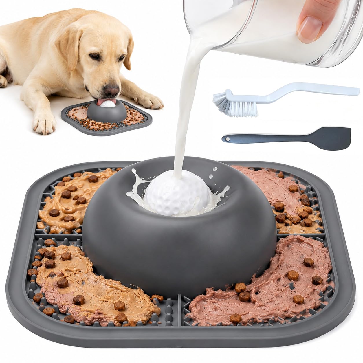 Dog Slow Feeder Bowl and Lick Mat, 2-in-1 Silicone Dog Licking Bowl with Lick Ball, Suction Base, Cleaning Brush and Spatula, Grey Interactive Feeder for Dogs and Cats, Wet Food, Broth & Spreads