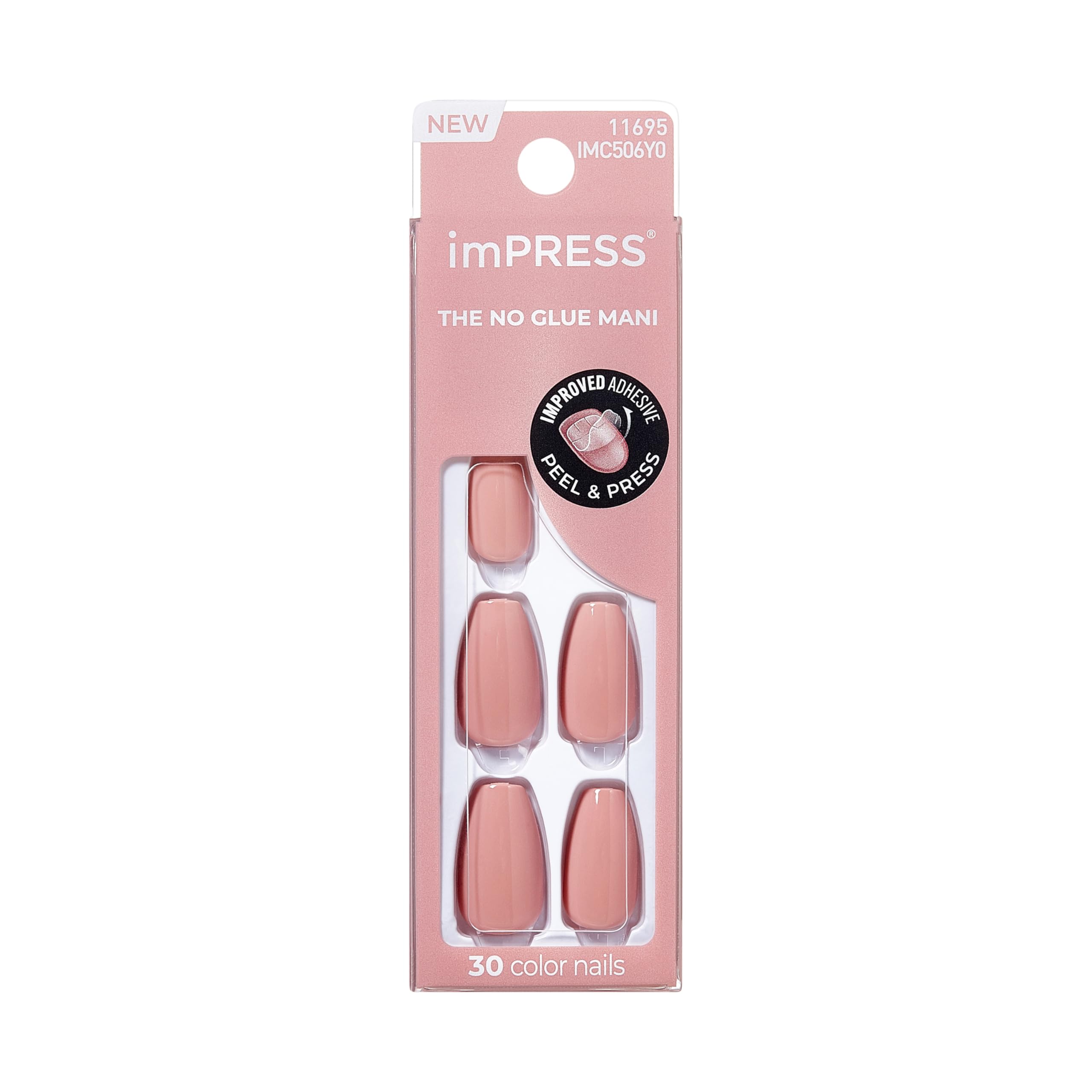 KISS Impress No Glue Mani 30 Pcs Press on Nails, Easy Apply, Hassle-Free Removal, Simple Peel & Press, Essential Tools Included, Prep Pad, 1 Manicure