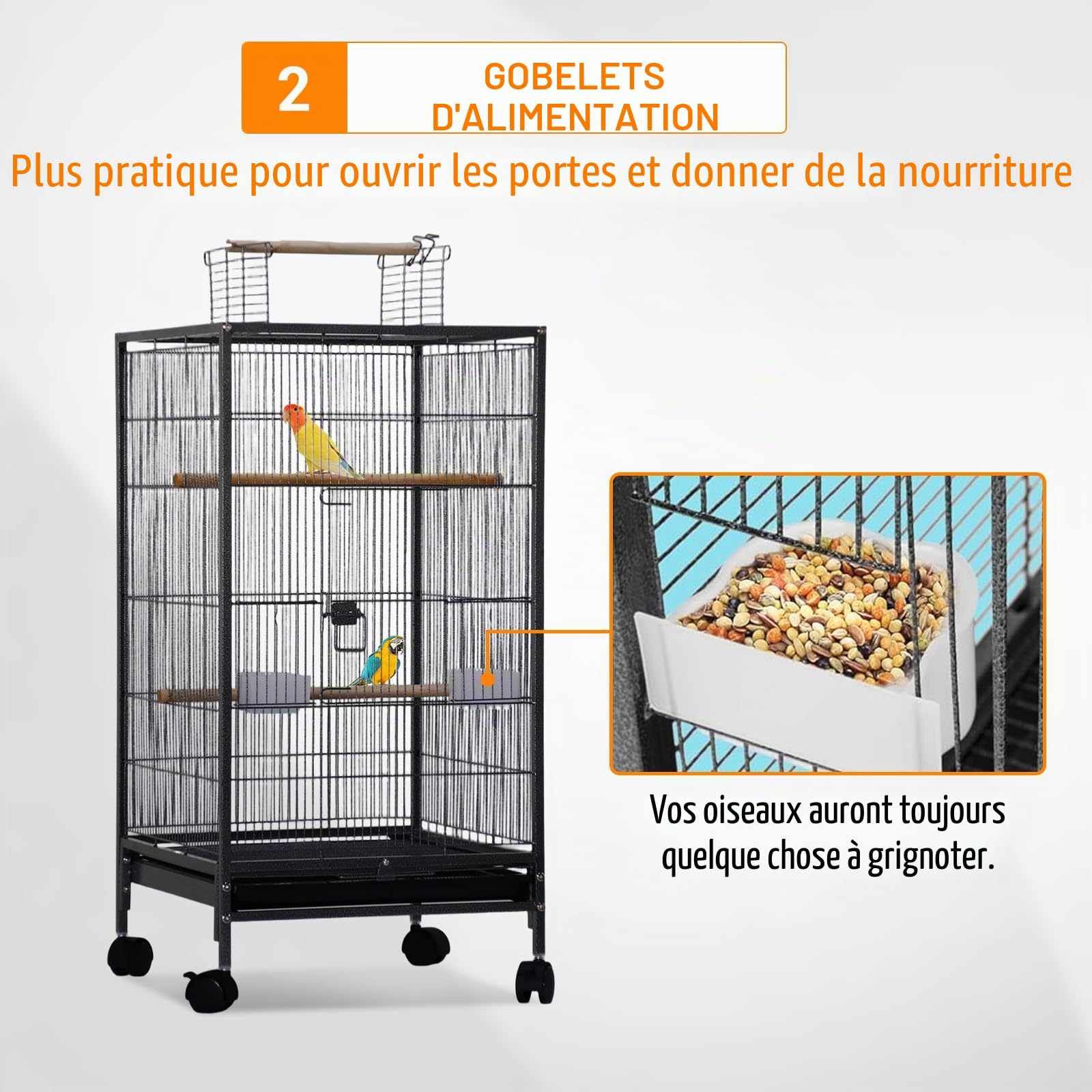 Cage à oiseaux, 46 x 46 x 102 cm, grand format, avec toit de jeu, support à roulettes et plateau amovible, avec 3 perchoirs, mangeoires et abreuvoir pour perruches, canaris