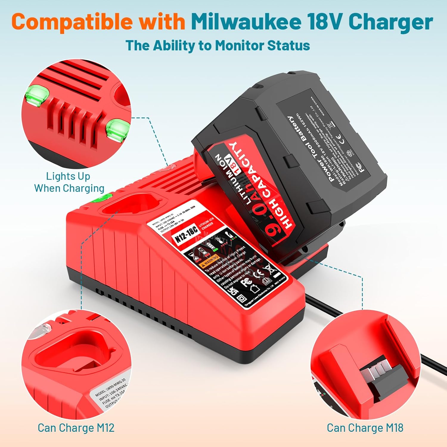 18V 9.0Ah Battery and Charger Station Combo Kit for Milwaukee MK18 48-11-2420 48-11-2440 48-11-1815 48-11-1820 48-11-1840 48-11-1850 48-11-2401 48-11-1890