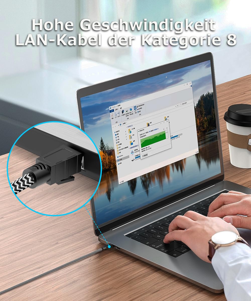 Kabel Ethernet Cat 8 Kabel Sieciowy,15M Nylonowy Pleciony 40Gbps 2000MHz Szybki Kabel LAN, S/FTP Zabezpieczony Miedźmi RJ45 Kabel, Odpowiedni dla Ps5/laptopa/routera/gry/modem