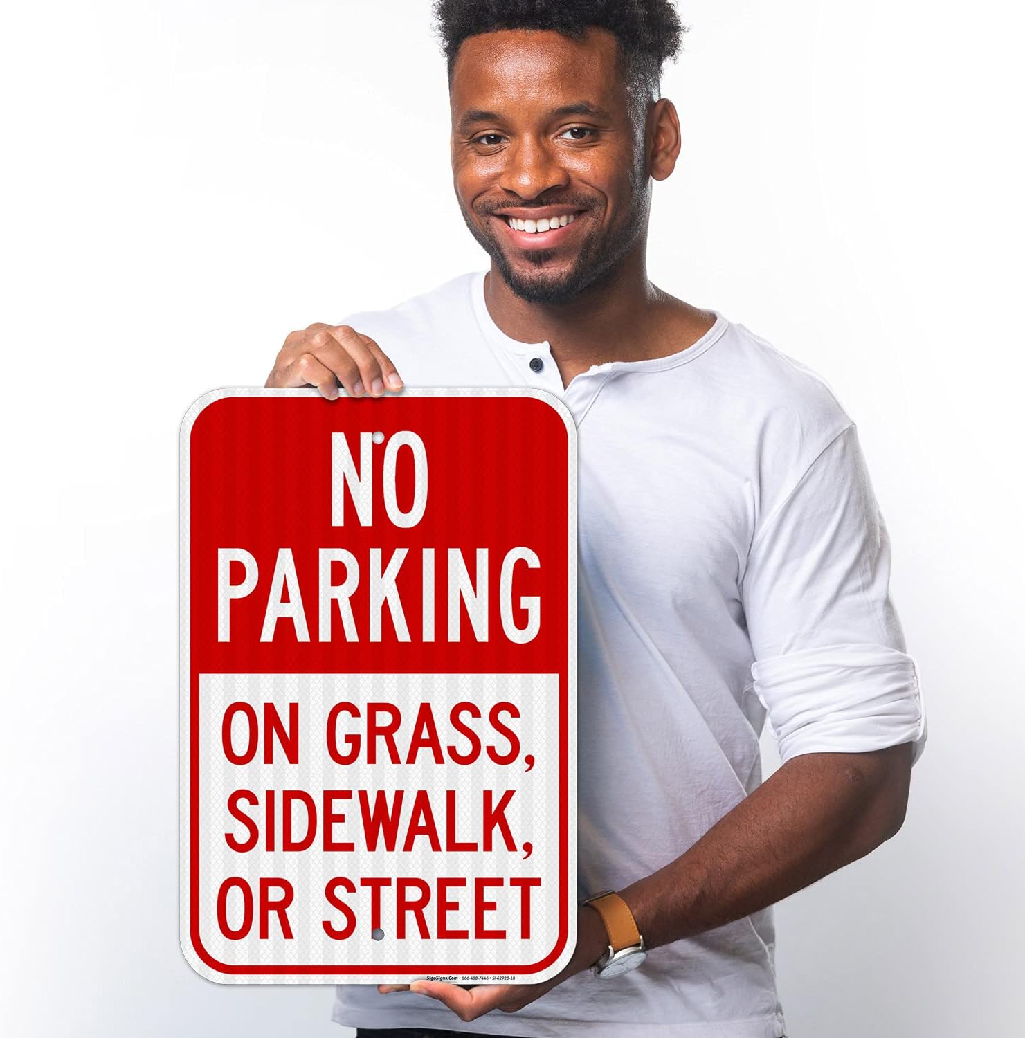 No Parking On Grass Sidewalk Or Street Sign, (SI-63923) 12x18 Inches, 3M EGP Reflective .063 Aluminum, Fade Resistant, Made in USA