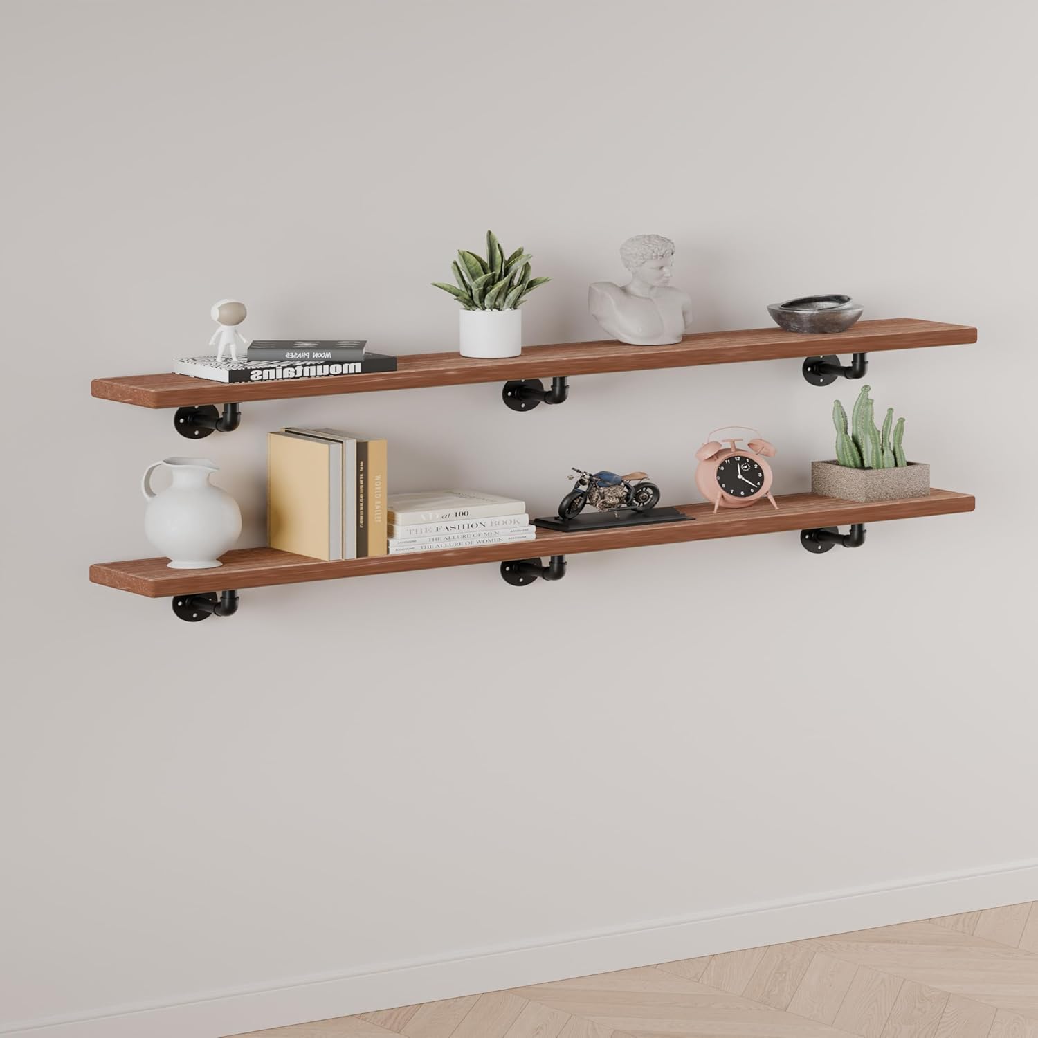 IEO Industrial Pipe Shelving Shelf,Wall Shelves Wood Shelf:Kitchen Shelves, 72 Inches Wood Long Floating Shelves for Wall Farmhouse Pipe Book Shelves Dark Brown for Decor and Bar Shelving