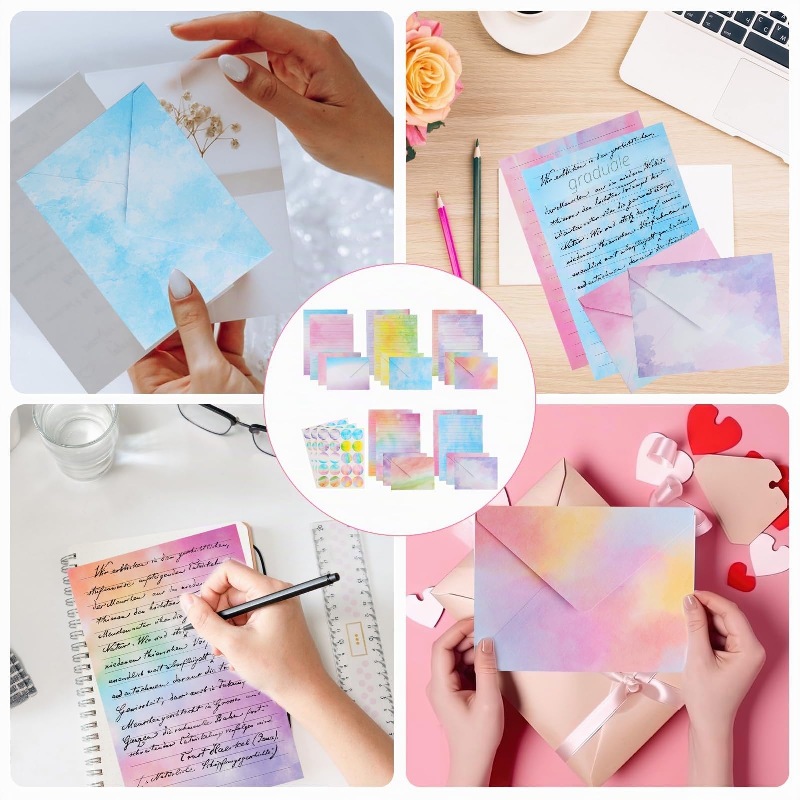 Carta da Lettere con Busta Set 160 Pz, Buste Colorate per Lettere Acquerellabili, Include 60 Adesivi