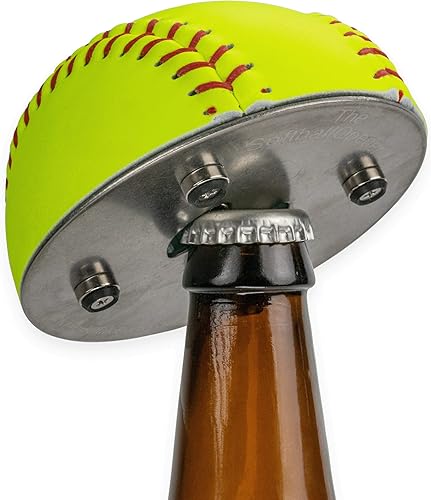 Abrebotellas de sóftbol de acero inoxidable, abrebotellas de cerveza hecho de cuero de softbol real, abridor de botellas magnético y receptor de