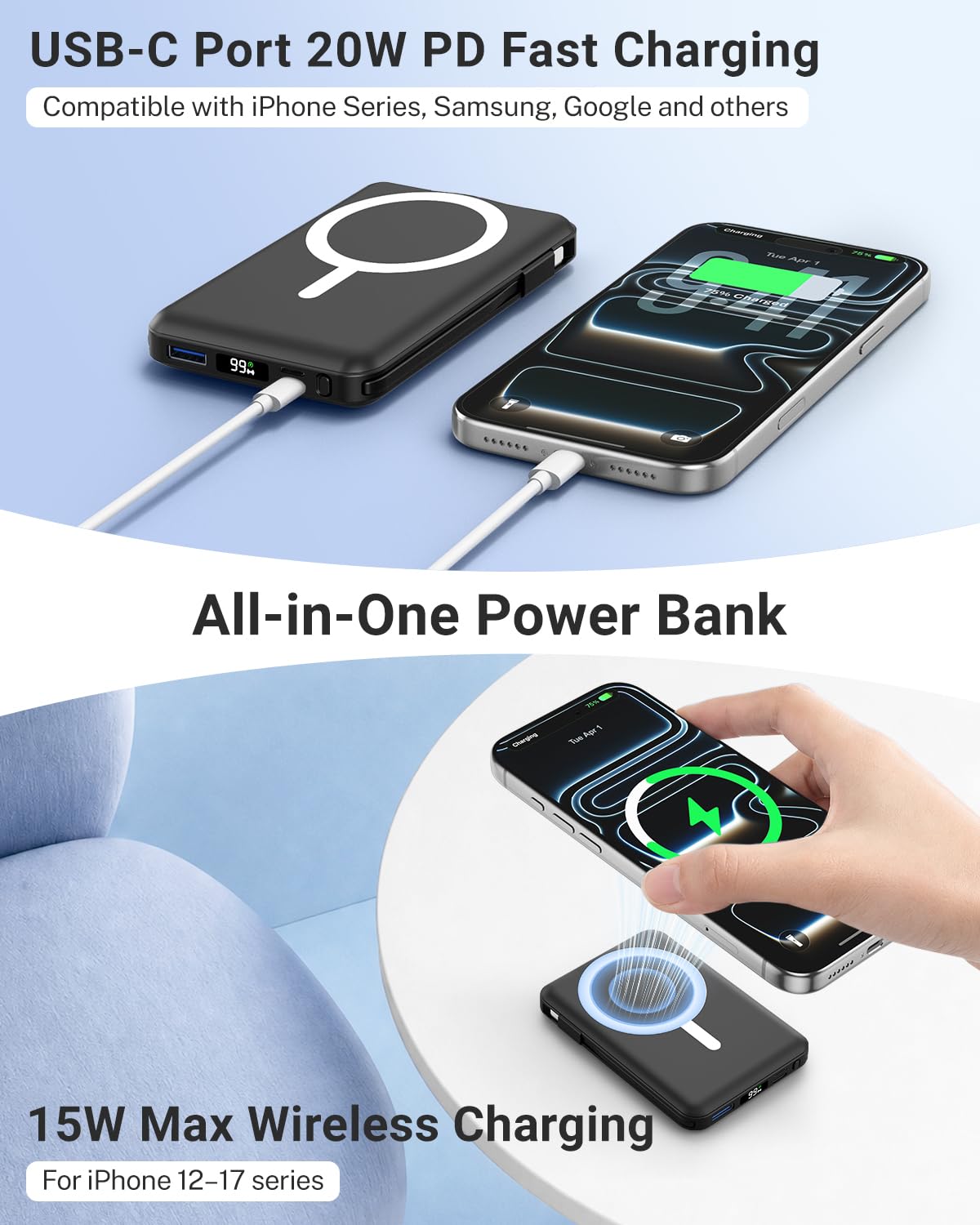Power Bank 10000mAh for Magsafe, Inalámbrico Batería Externa