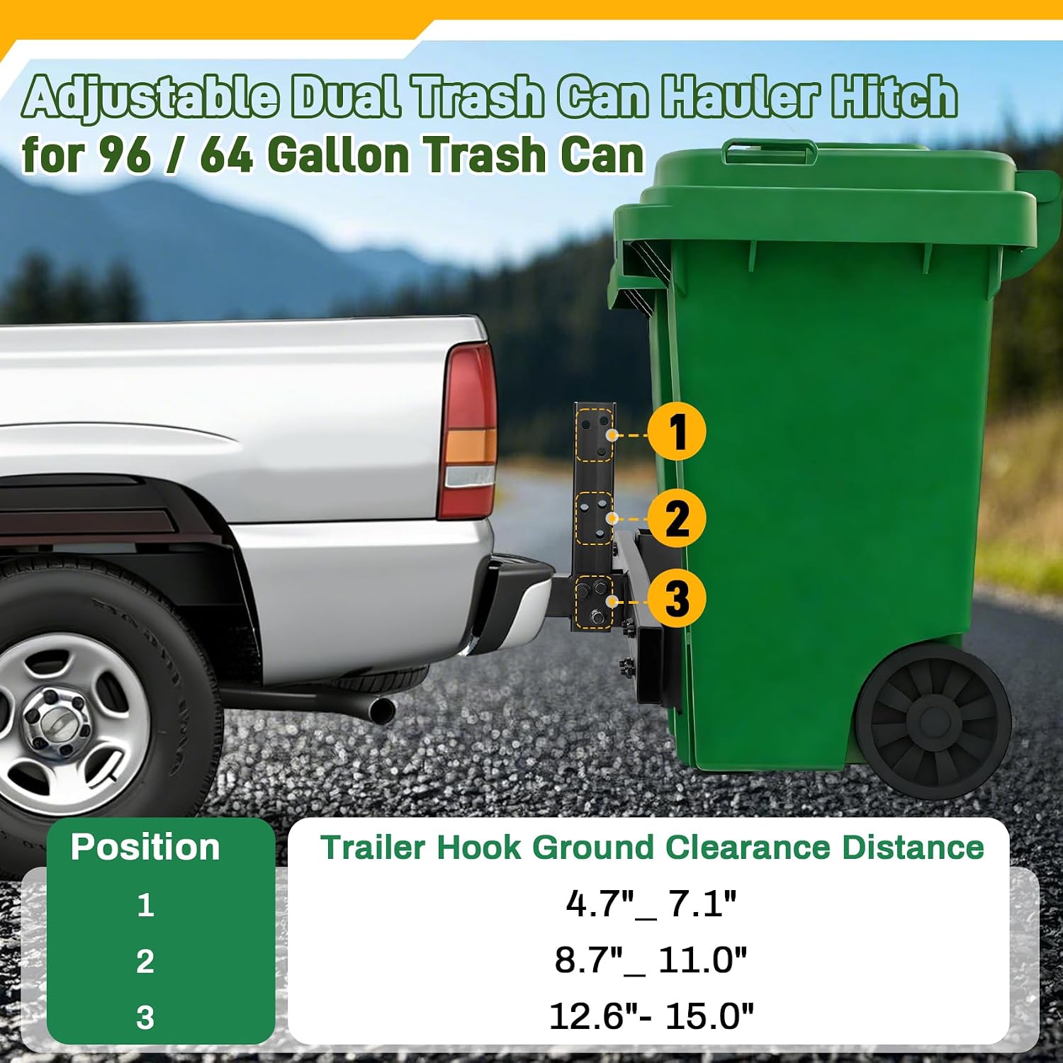 Dual Trash Can Hauler Hitch with 2" Receiver, Allowing Backing-Up Off the Ground Design, Adjustable High-Loading Garbage Can Towing Rack for Pickup Trucks/ATV/UTV/SUV/Lawn Tractors