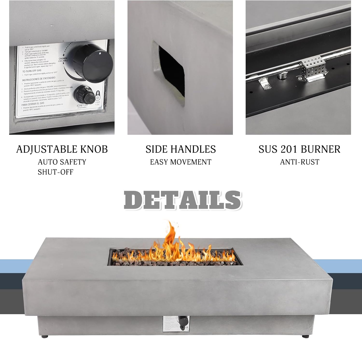 60-inch Outdoor Propane Fire Pit Table, 50,000 BTU Natural Gas Firepit Rectangule Concrete Fire Table with Steel Lid, Natural Gas Orifice, Rain Cover for Outside Patio, Deck, Backyard, Garden