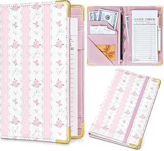 Server Book, Faux Leather Server Books for Waitress, Cute Servers Book with Zipper Pocket & Pen Holder, Serving Books Fits Servers Apron, Pink