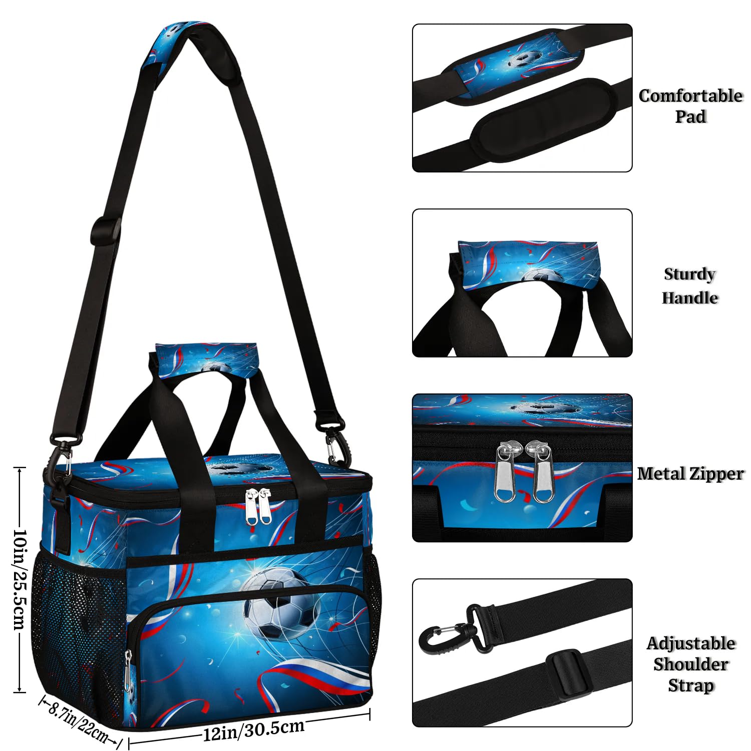 Grand sac à déjeuner isotherme pour adultes, hommes, femmes, enfants, filles, garçons, motif ballon de football, drapeau russe, sac isotherme pour le travail, le pique-nique, le barbecue