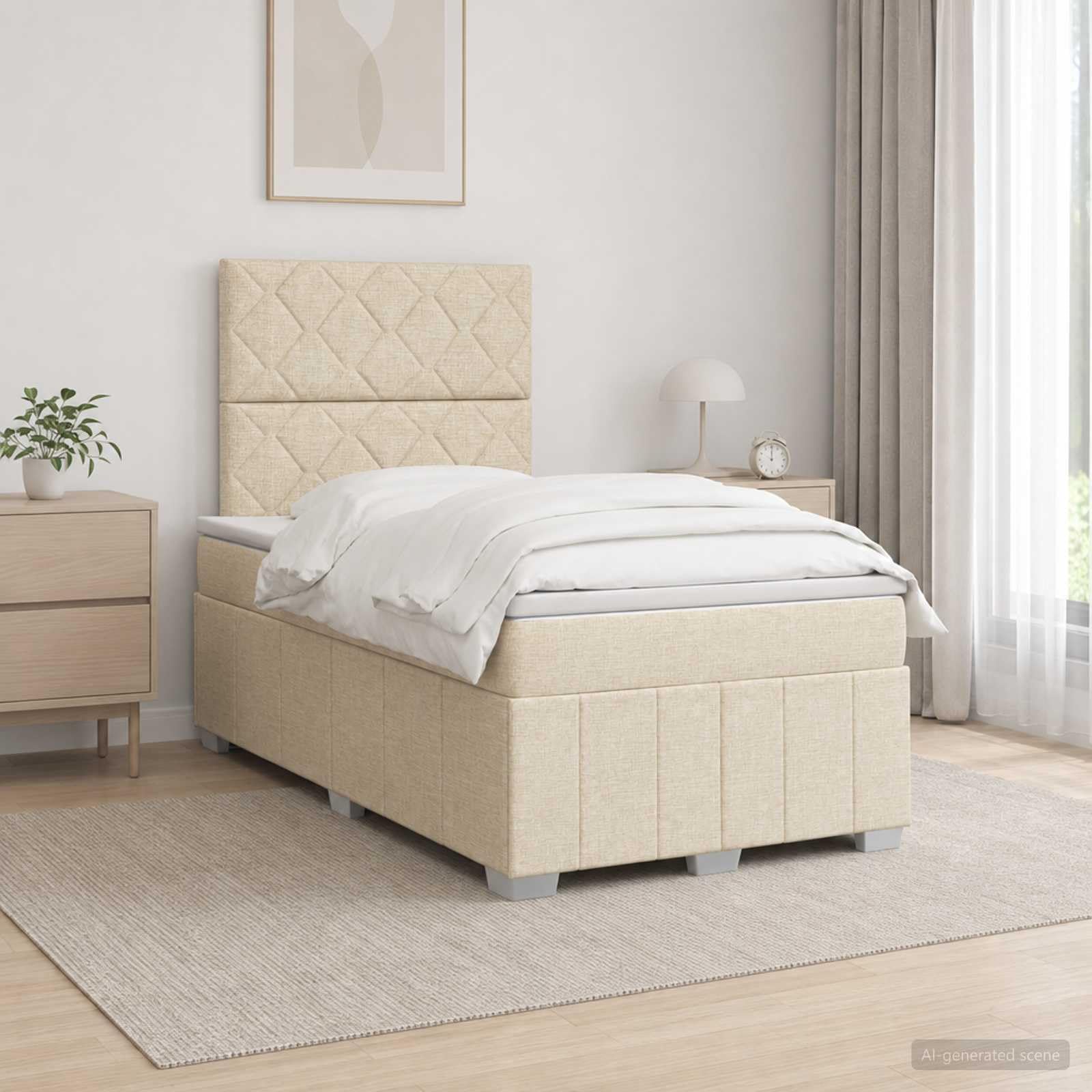 Łóżko sprężynowe LED z materacem kremowym, 120 x 190 cm, tkanina